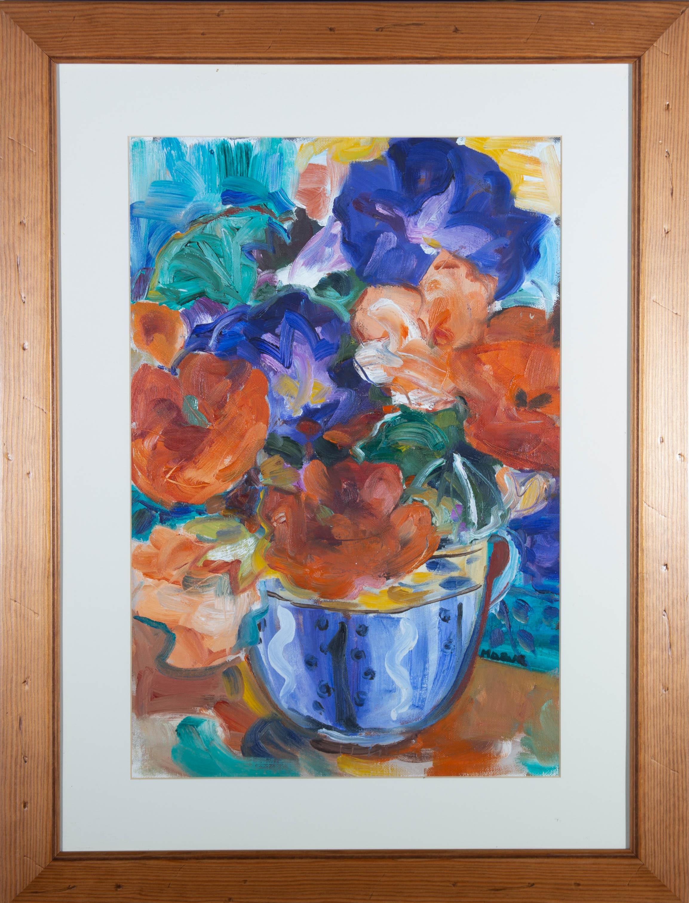 Still-Life Painting Unknown - Vase à l'huile du XXe siècle - Fleurs vibrantes en bleu et blanc