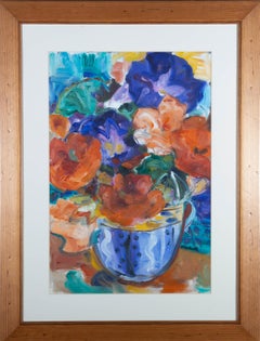 Vase à l'huile du XXe siècle - Fleurs vibrantes en bleu et blanc