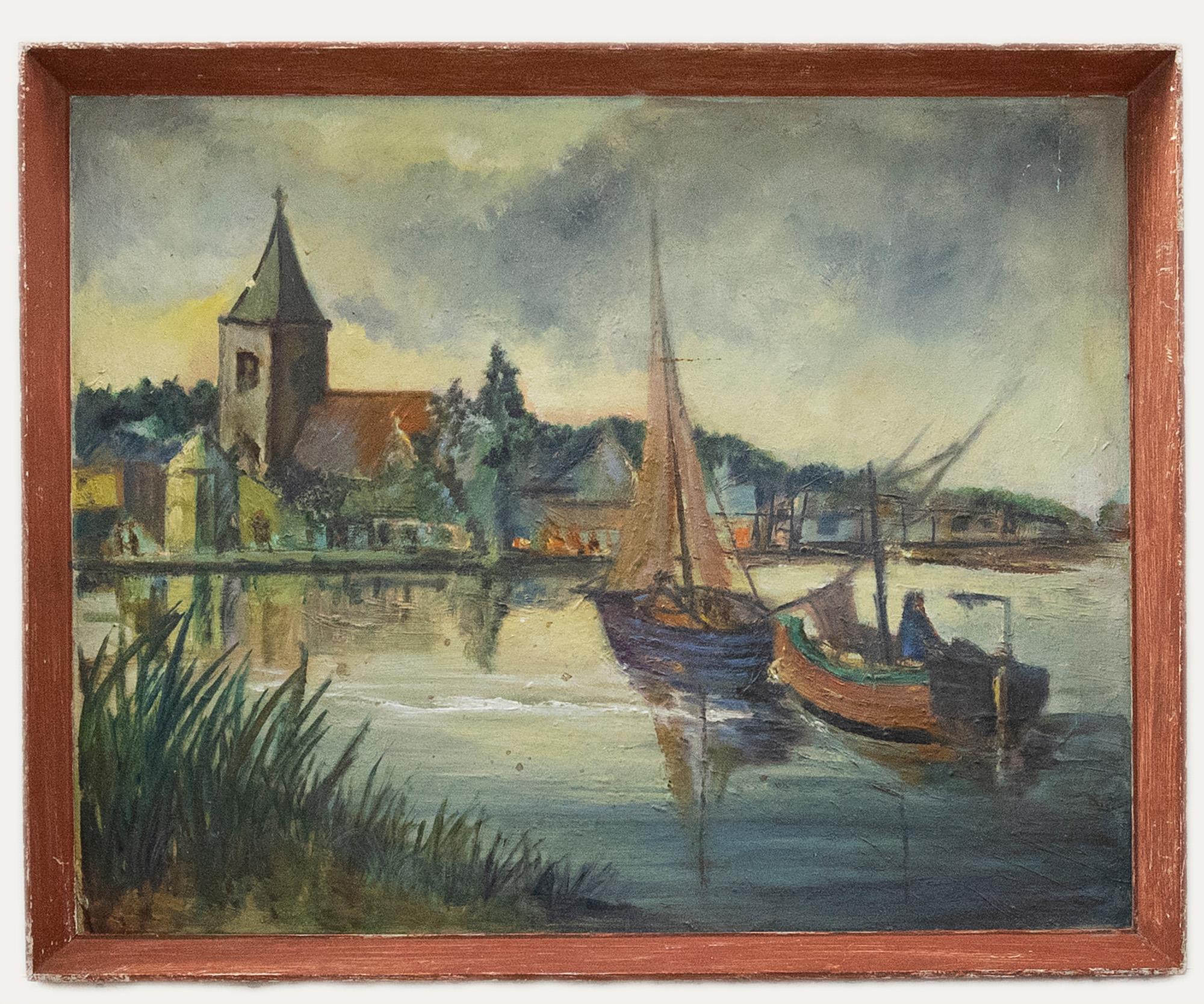 Landscape Painting Unknown - Huile du 20e siècle - Vue de Maldon sur la rivière Blackwater