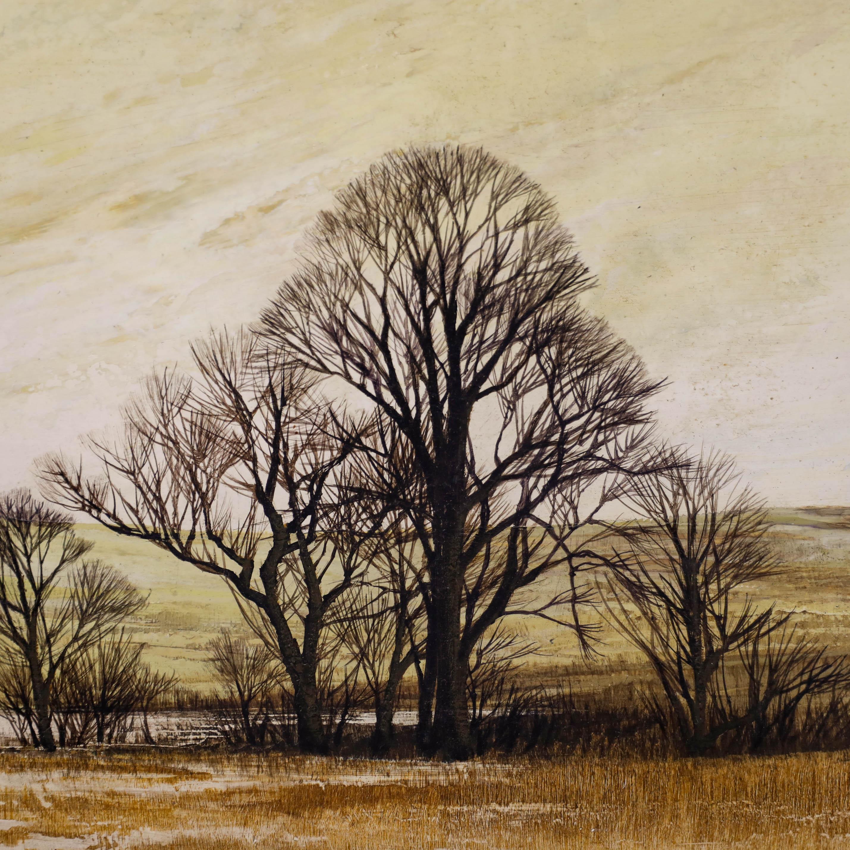 Uno studio di paesaggio atmosferico che ritrae montagne lontane. La scena cattura l'inizio dell'inverno con gli alberi spogli e i persistenti colori autunnali. Firmato con un monogramma illeggibile in basso a destra. Presentato in una sottoveste