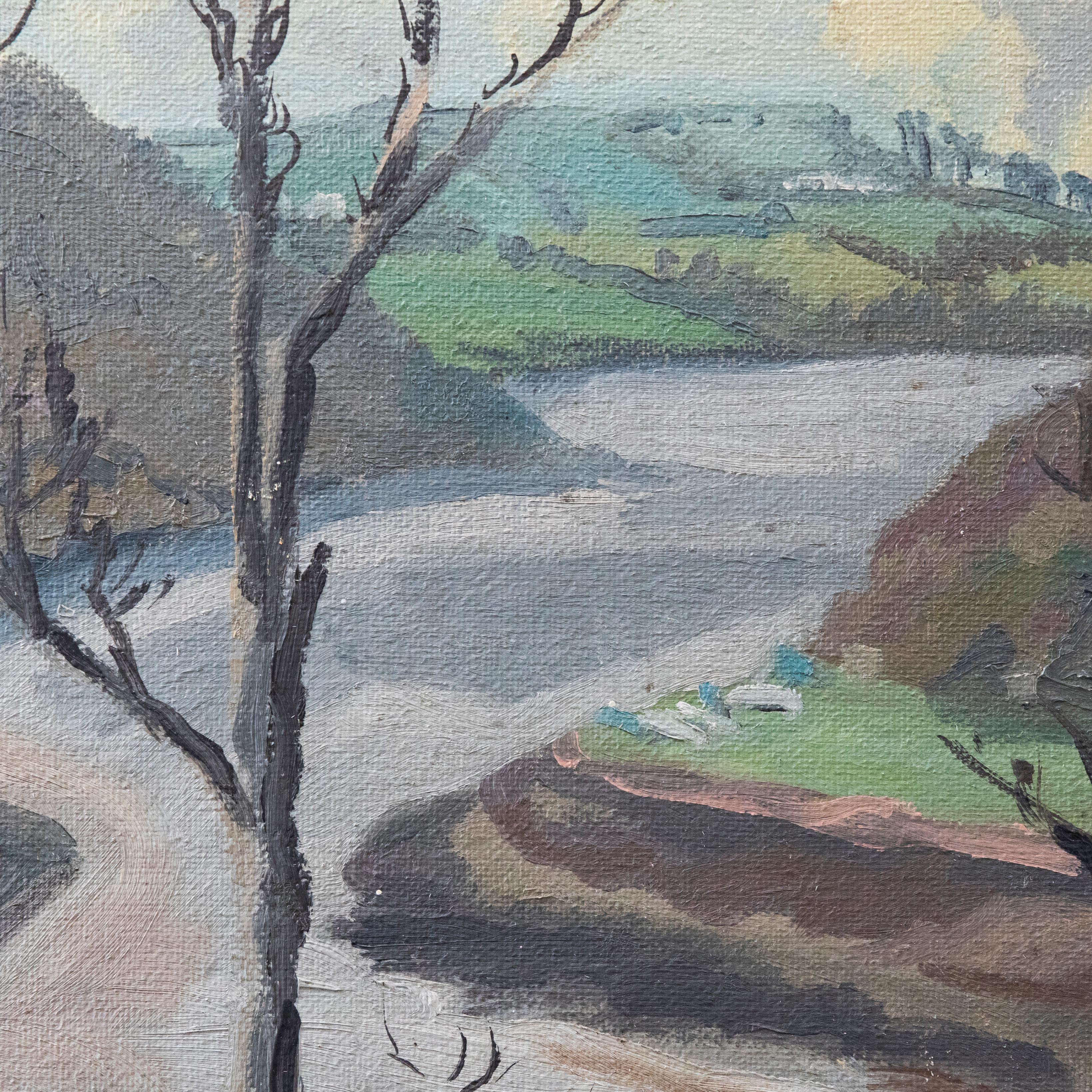 Huile du 20e siècle - Vallée sinueuse - Gris Landscape Painting par Unknown