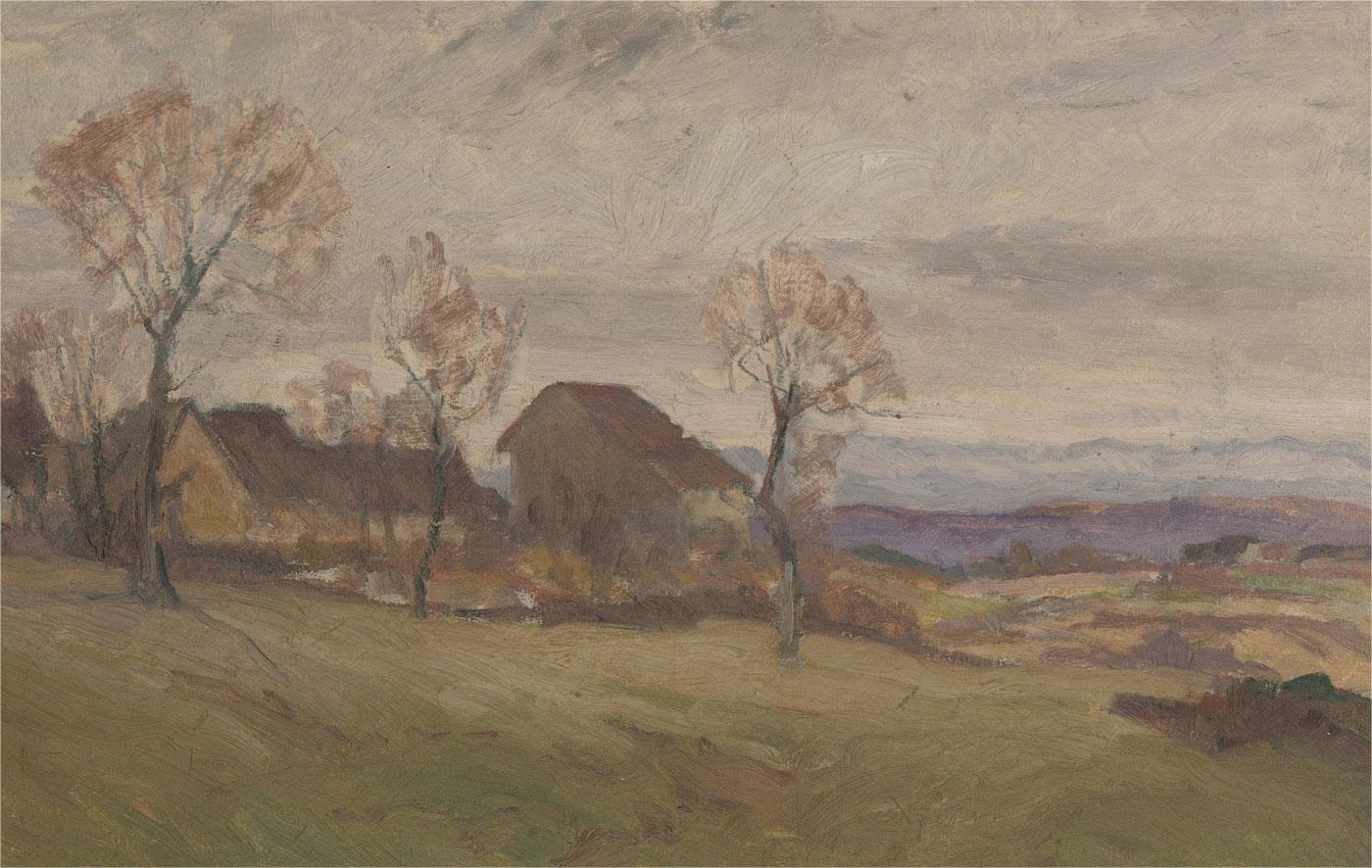 20th Century Oil - Wintry Landscape with Cottages - Brown Landscape Painting by Unknown