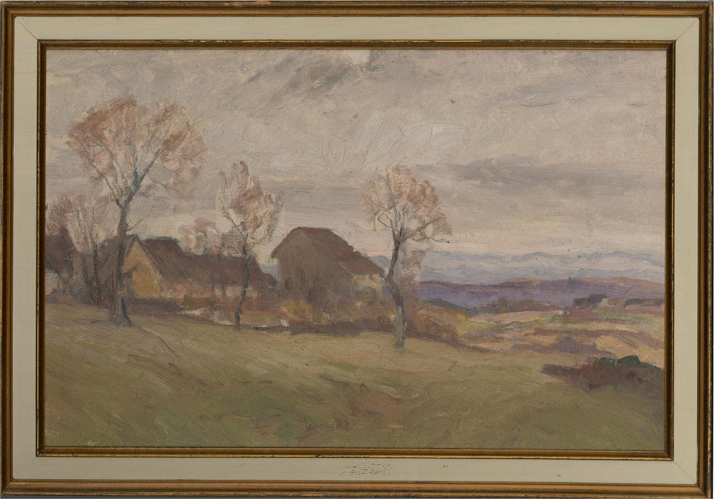A captivating oil painting, depicting a rural landscape scene with cottages. Unsigned. Presented in an off-white wooden frame with inner and outer gilt details, as shown. On board.