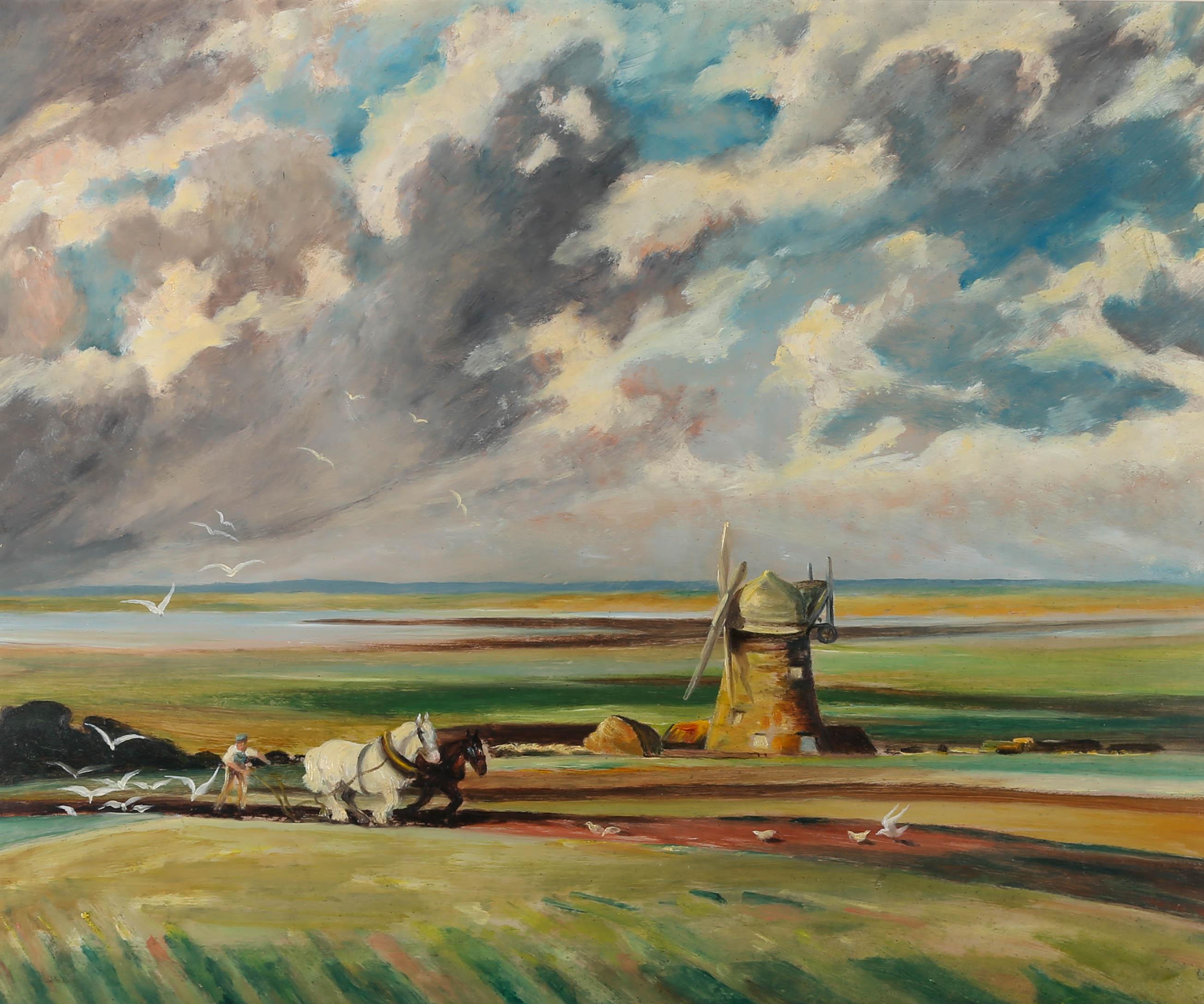 This delightful scene depicts a farmer and two shire horses ploughing a field. Seagulls swirl overhead before a stone windmill. The scene looks over a vast landscape, painted in a warm palette with hues of pink and orange worked into the cloudy sky.