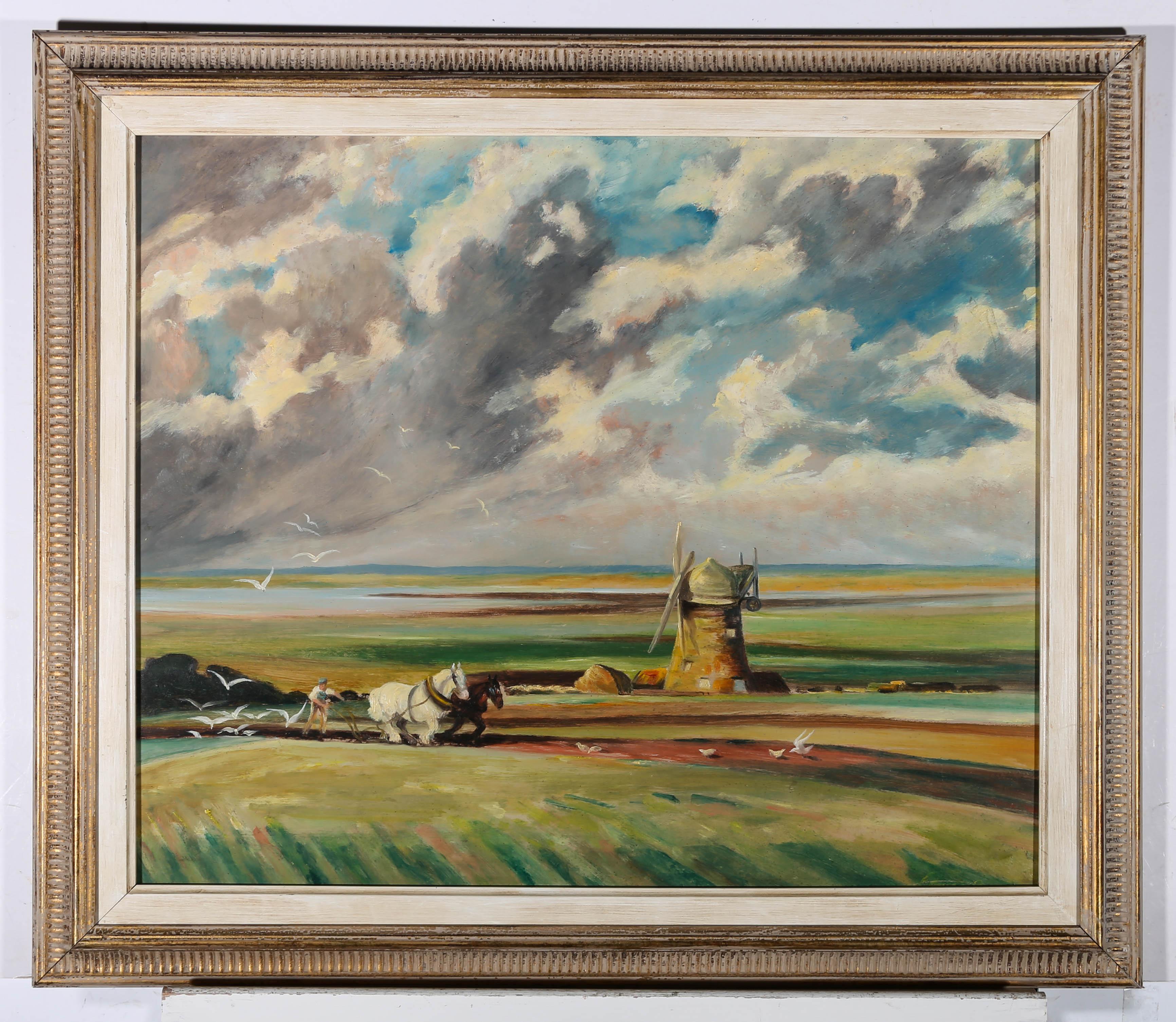 Unknown Landscape Painting - 20th Century Oil - Working the Fields