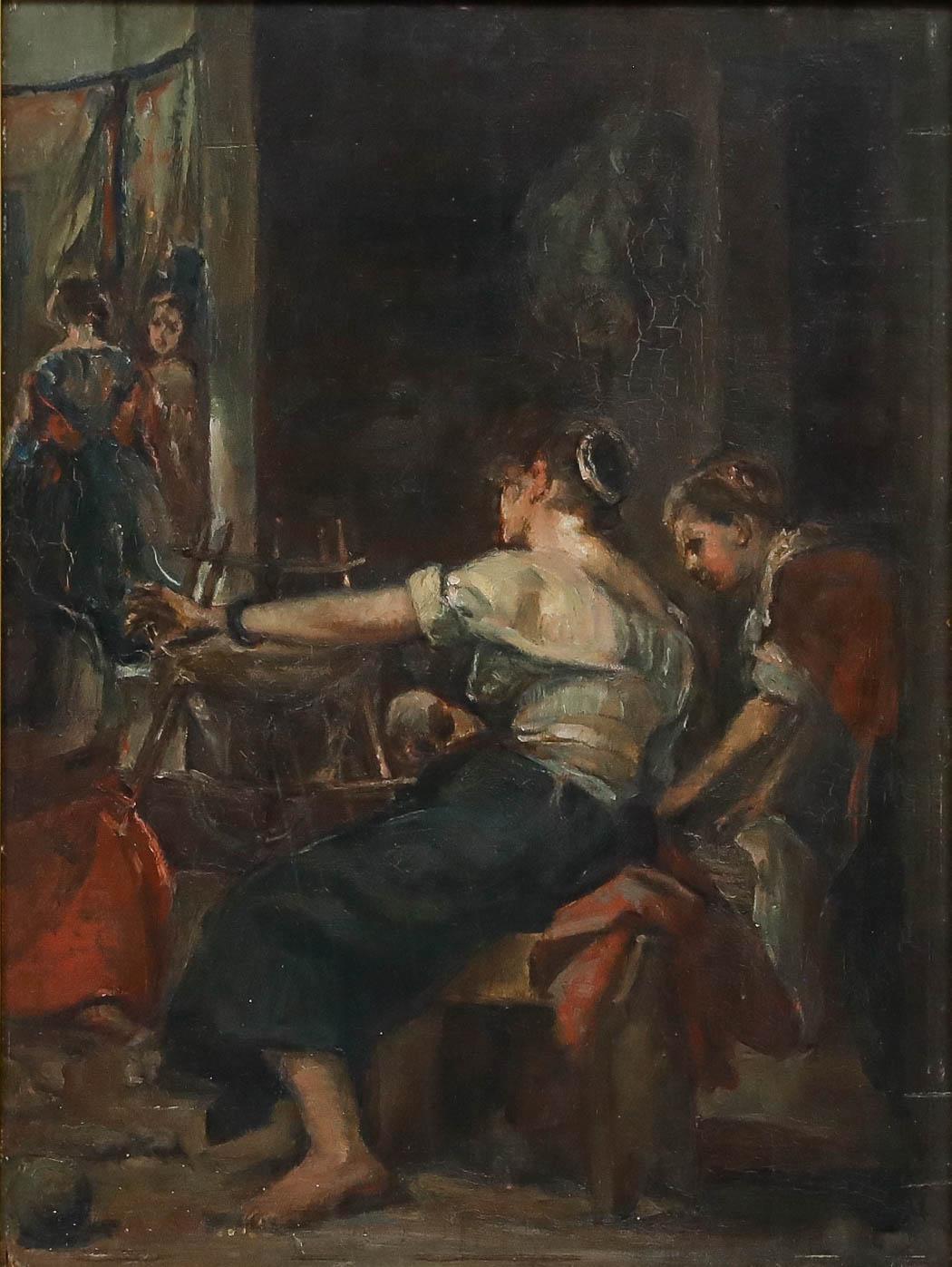 20th Century Oil - Working The Loom - Painting by Unknown