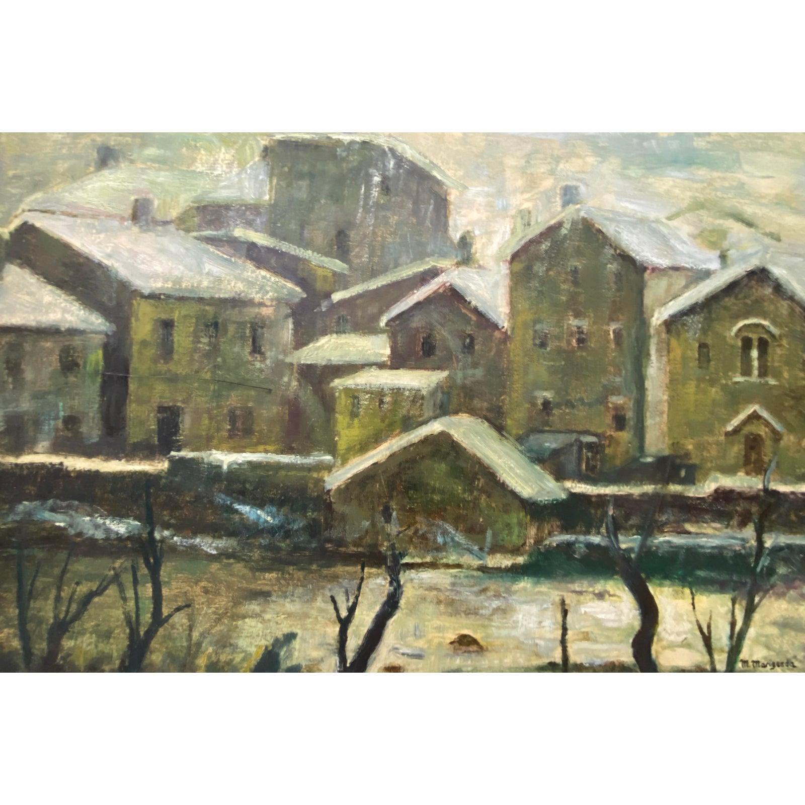 Ölgemälde im WPA-Stil des 20. Jahrhunderts, urbane Landschaft, ca. 1950 – Painting von Unknown