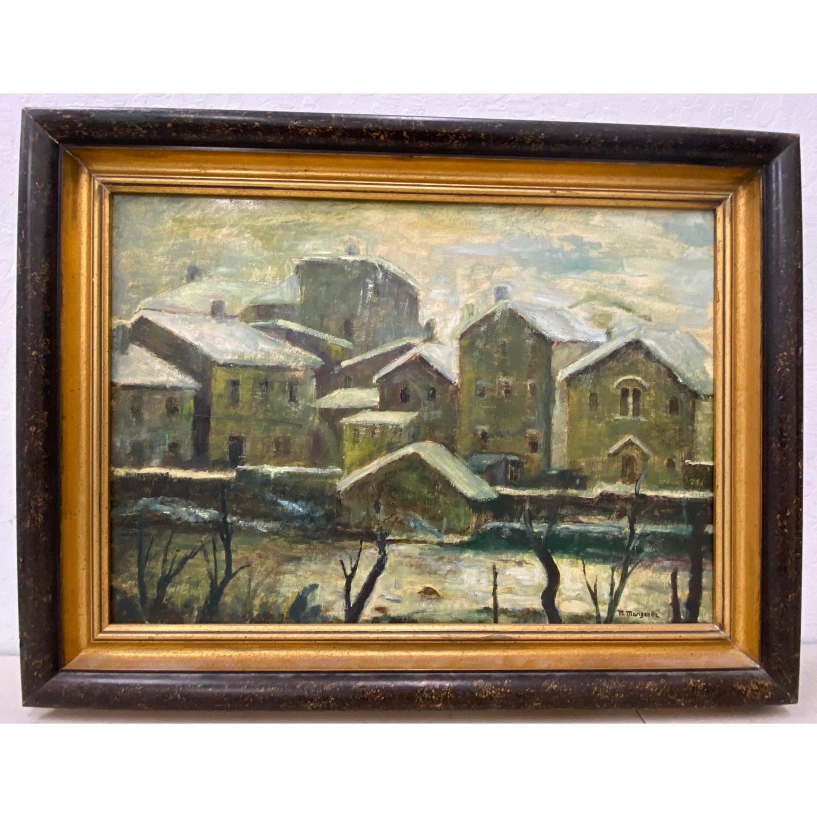 Unknown Landscape Painting – Ölgemälde im WPA-Stil des 20. Jahrhunderts, urbane Landschaft, ca. 1950