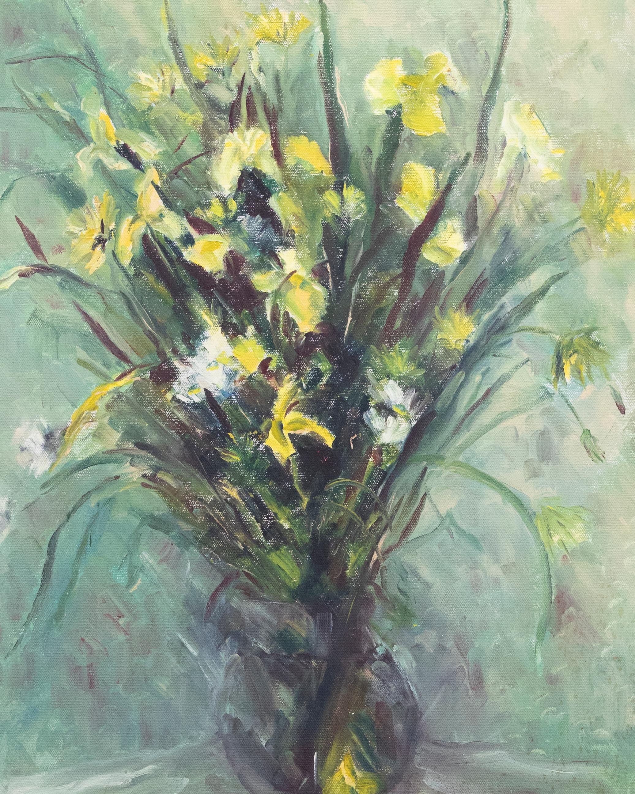 Unknown Still-Life Painting - 20th Century Oil - Yellow Iris