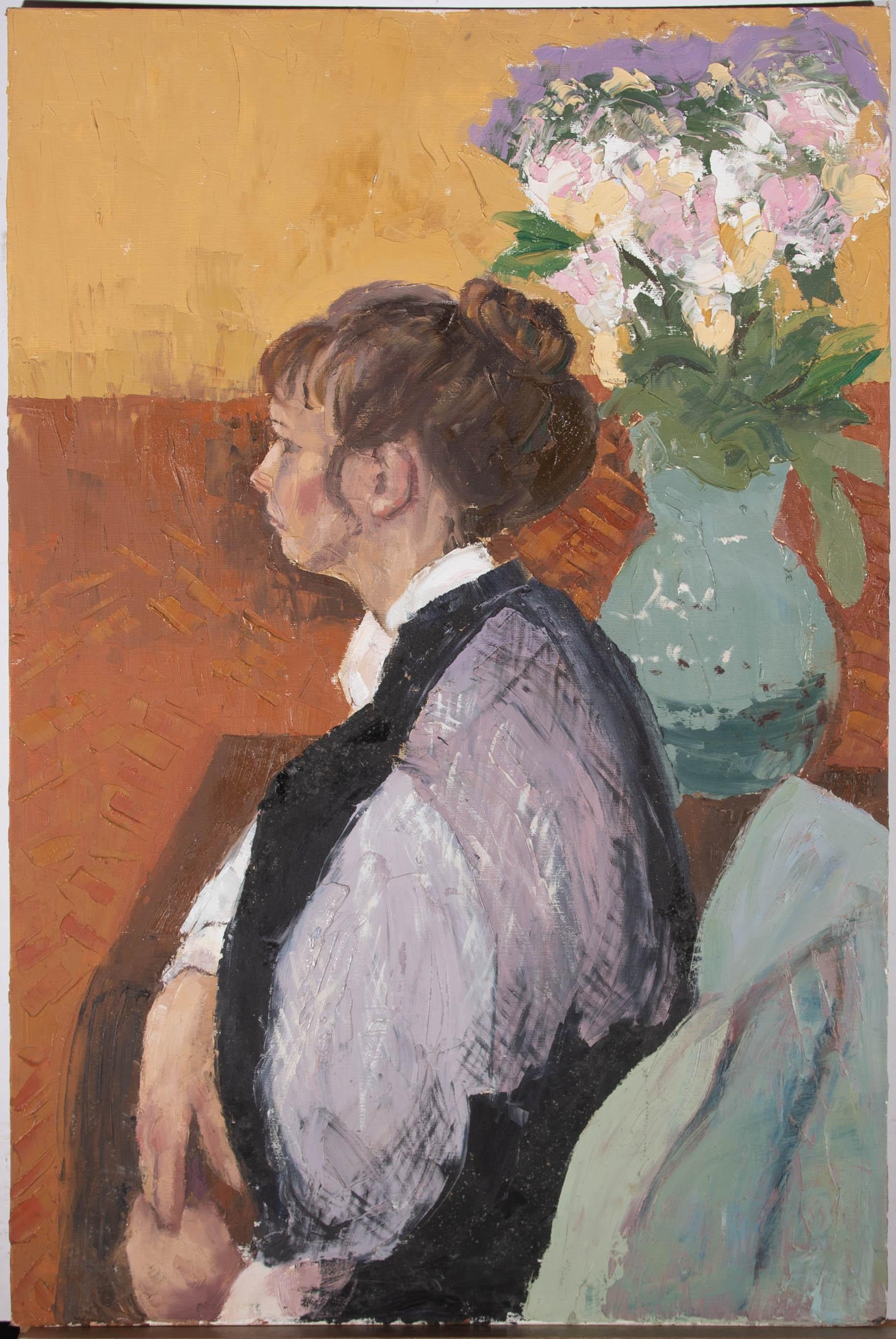 A fine 20th Century impasto painting showing a young woman sitting in profile next to a bunch of flowers in a large vase. The painting is unsigned. On canvas board.