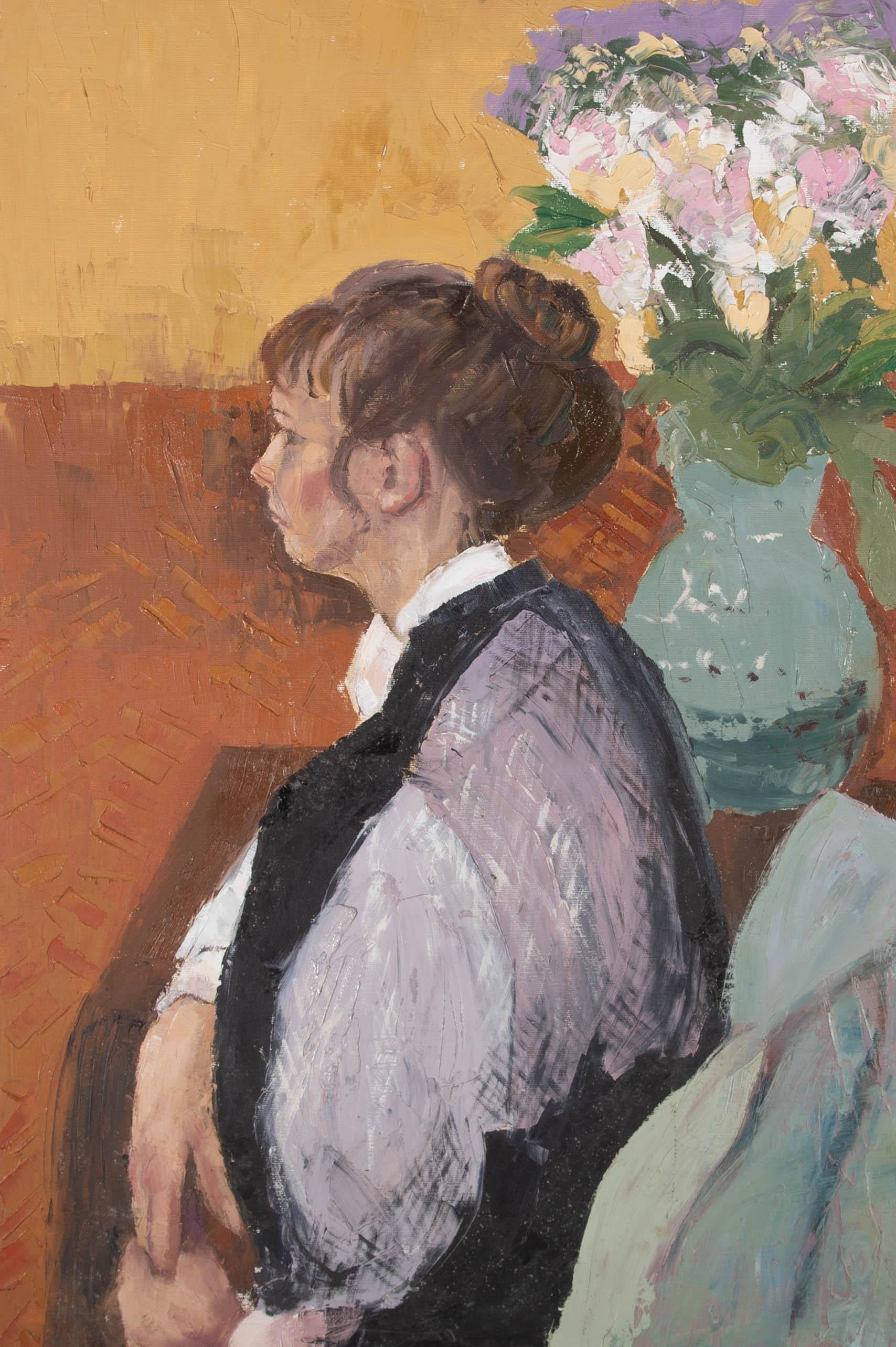 Unknown Portrait Painting - 20th Century Oil - Young Woman In Profile With Flowers