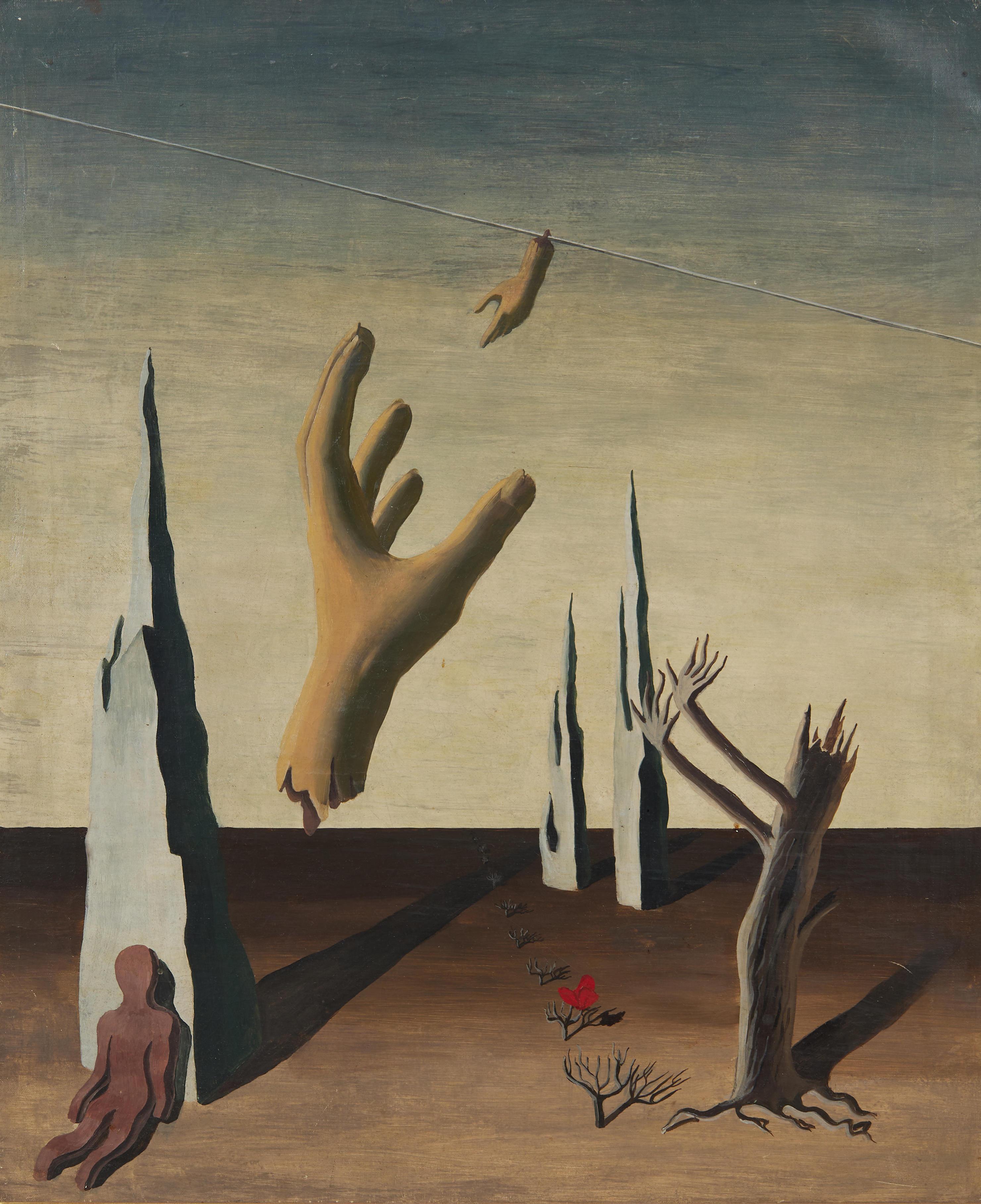 Figurative Painting Unknown - Peinture à l'huile de paysage surréaliste du 20e siècle