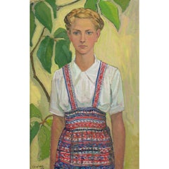 20th-Century Swedish School, Girl With Plant, Oil Painting