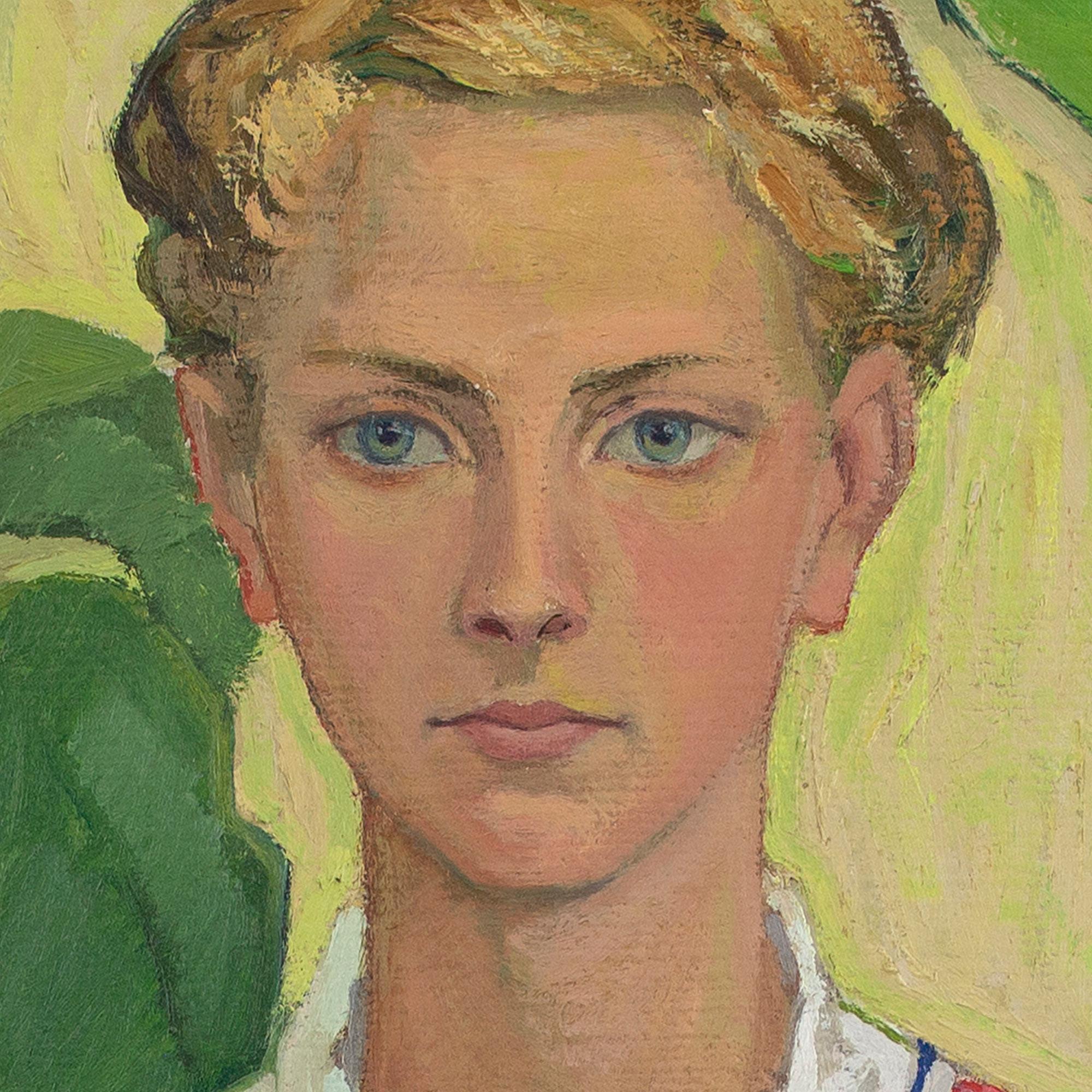 This decorative mid-20th-century Swedish school oil on canvas depicts a girl standing before leafy foliage. Her face in repose, she strikes an interesting form.

Stylistically, the work is deliberately flat to emphasise a design, more akin to