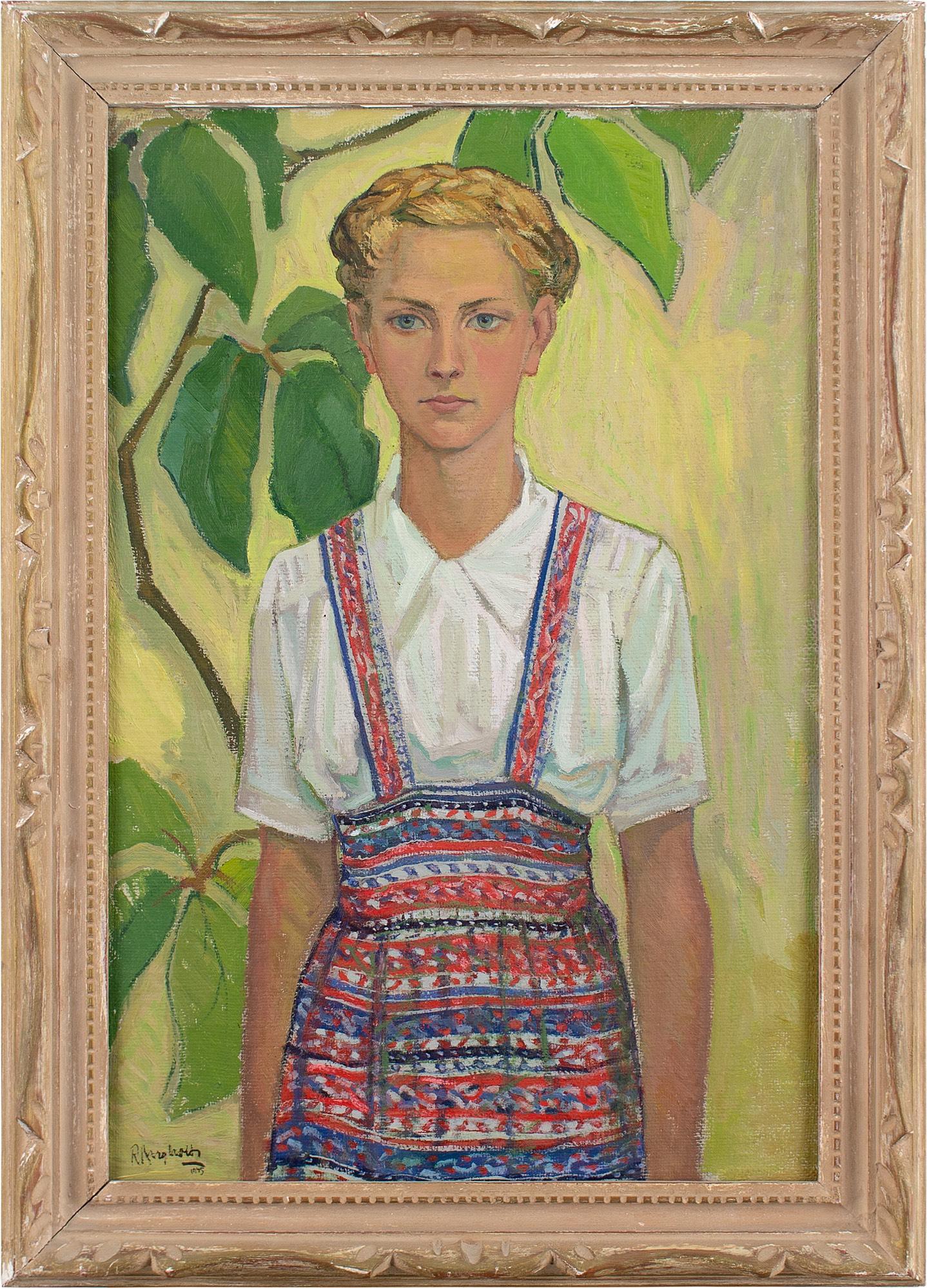 Unknown Portrait Painting - 20th-Century Swedish School, Girl With Plant, Oil Painting