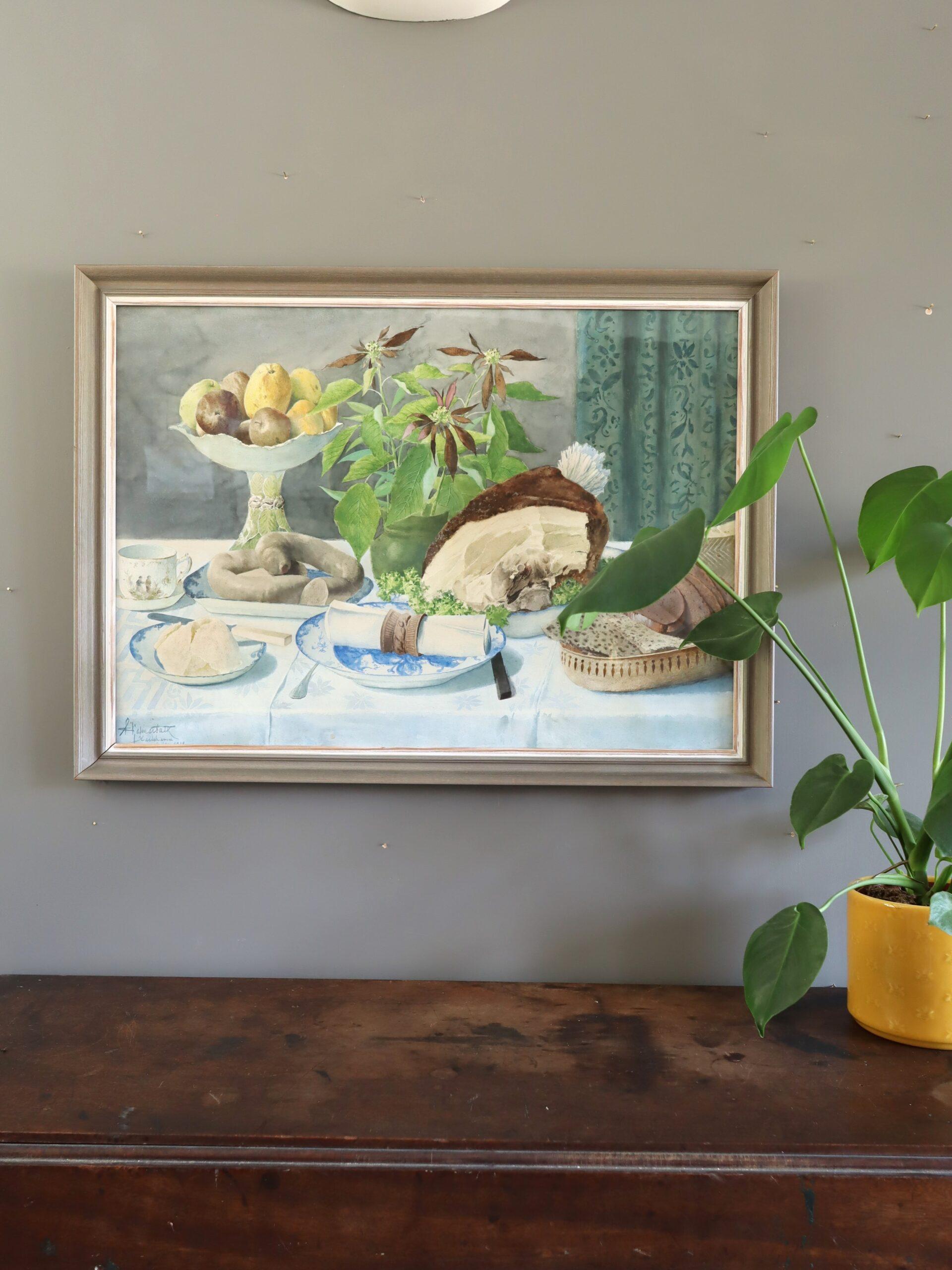 20. Jahrhundert Vintage Stillleben Aquarellmalerei - Nordic Tisch decken (Moderne), Painting, von Unknown