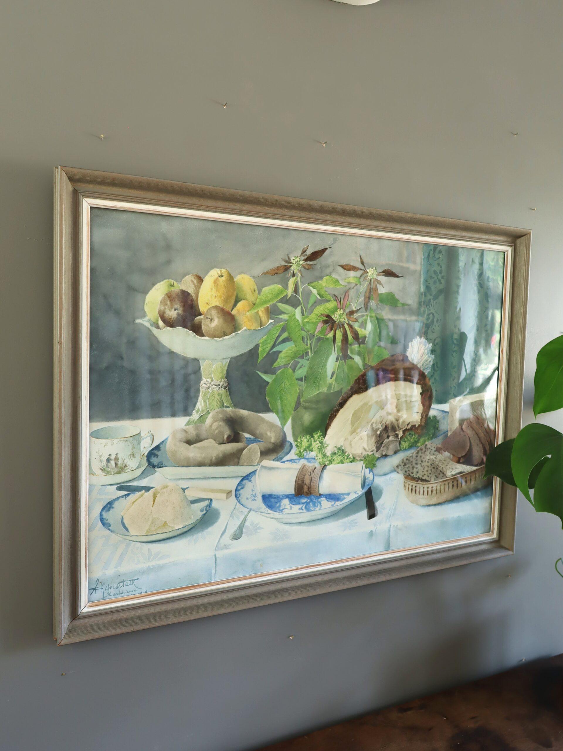 20. Jahrhundert Vintage Stillleben Aquarellmalerei - Nordic Tisch decken (Grau), Still-Life Painting, von Unknown