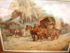 20thc Oil Painting of Horses & Stage Coach Stopping To Water Horses