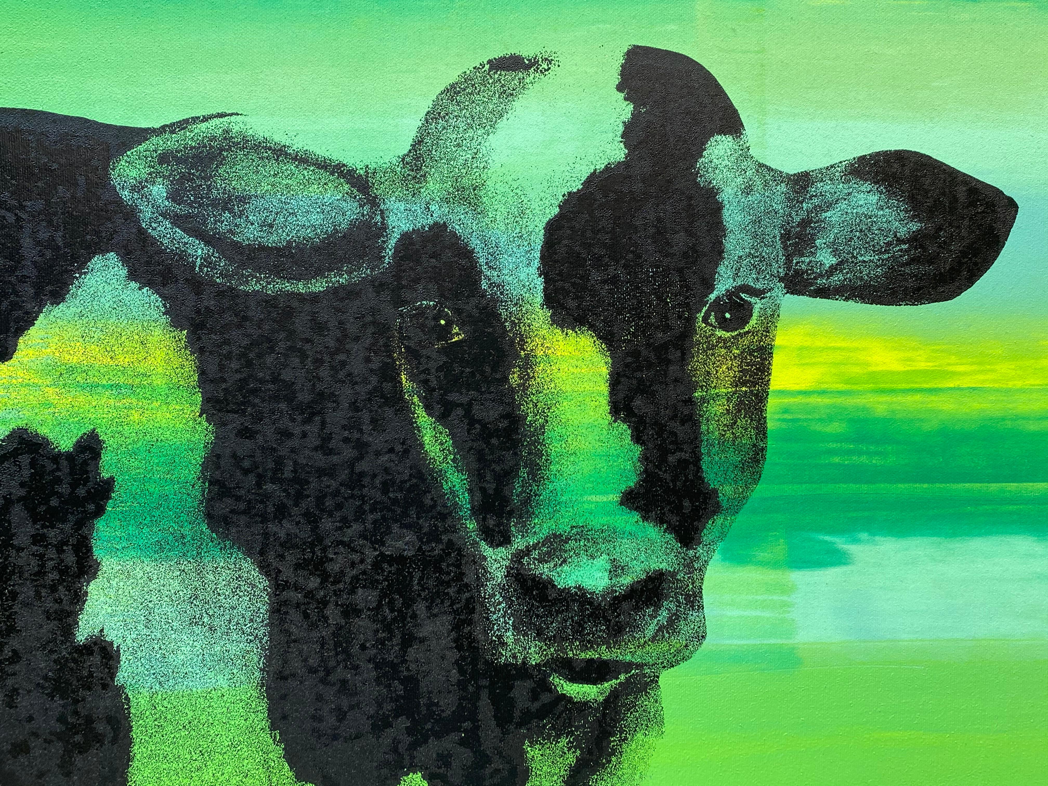 Peinture sur toile Pop Art à grande échelle du 21e siècle représentant des vaches - Vert Abstract Painting par Unknown