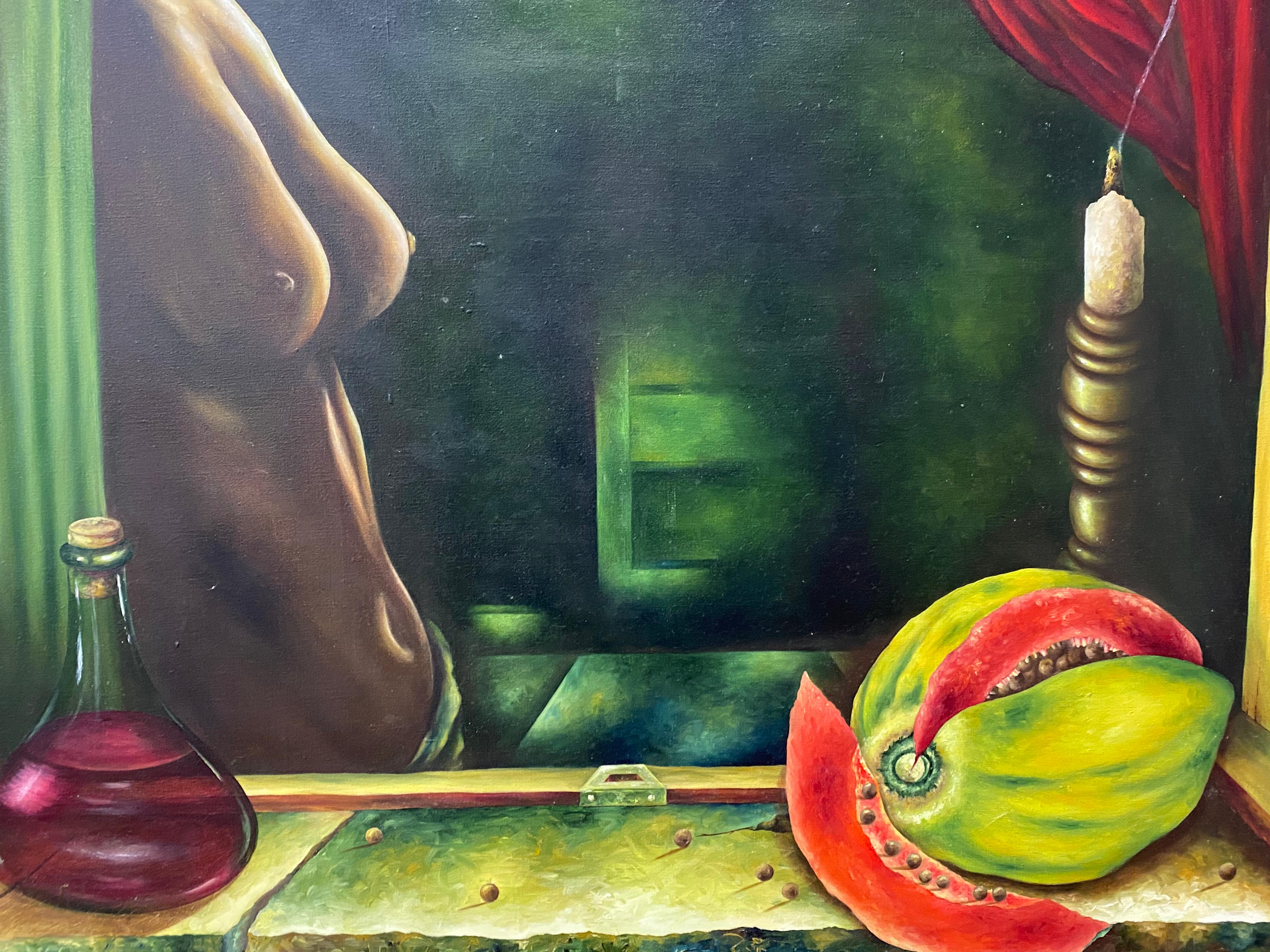 Peinture à l'huile surréaliste originale Carlos Alpizar « Mujer Enamor », vers 2000 - Painting de Unknown