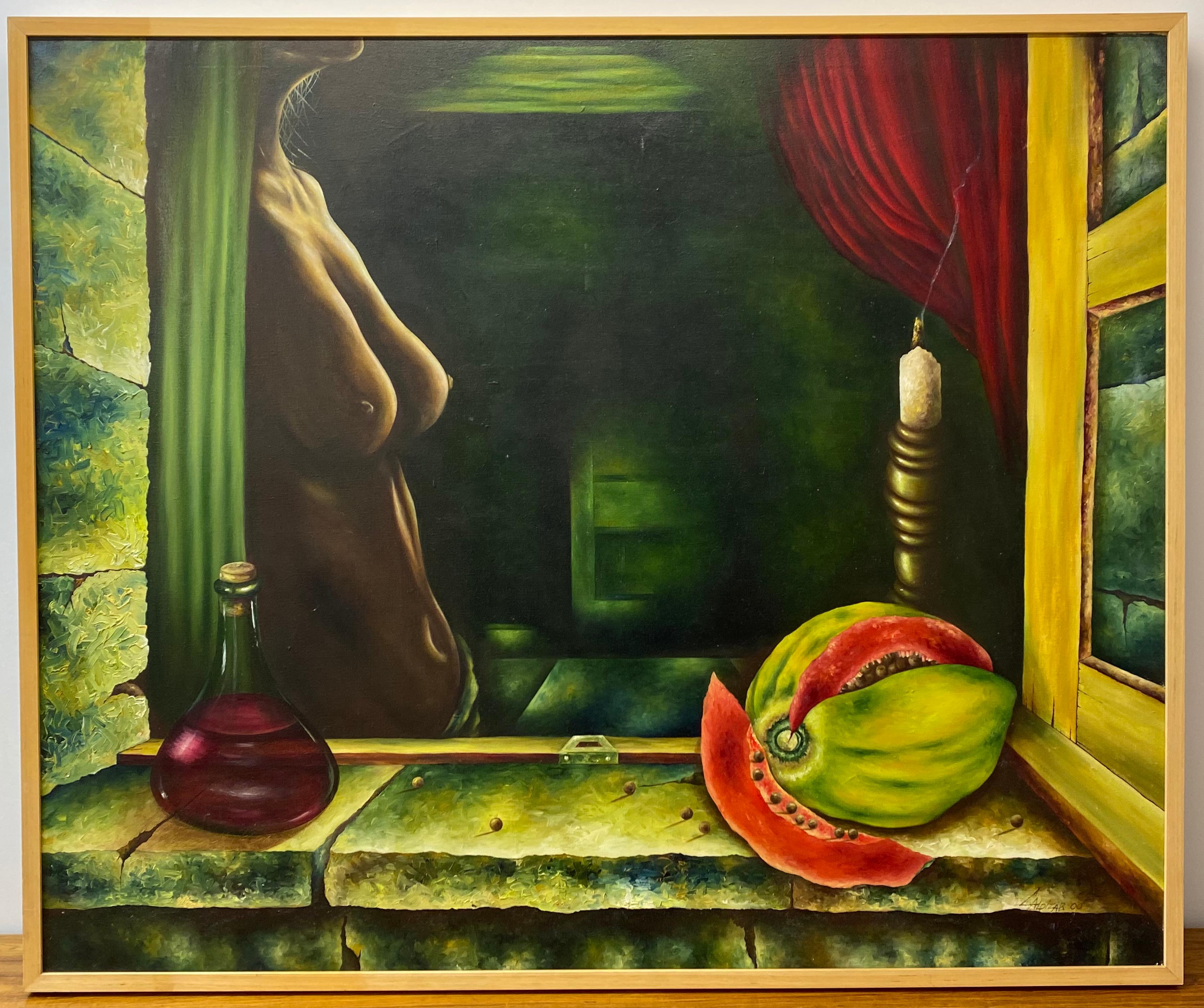 Unknown Still-Life Painting - Carlos Alpizar "Mujer Enamor" Original Surreal Oil Painting C.2000