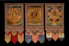 3 19th Century Small Tibetan Thangka with Original Brocades from a Set of 3
