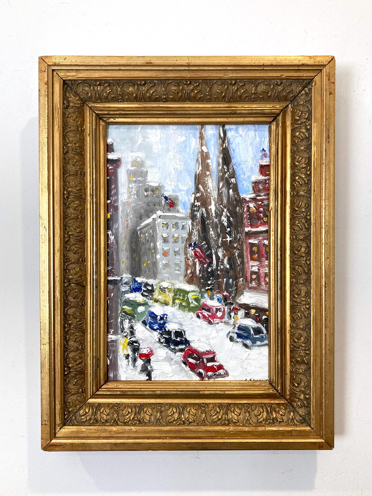 Impressionistisches Schnee-Ölgemälde im Stil von Guy Wiggins, 5th Avenue – Midtown im Angebot 6