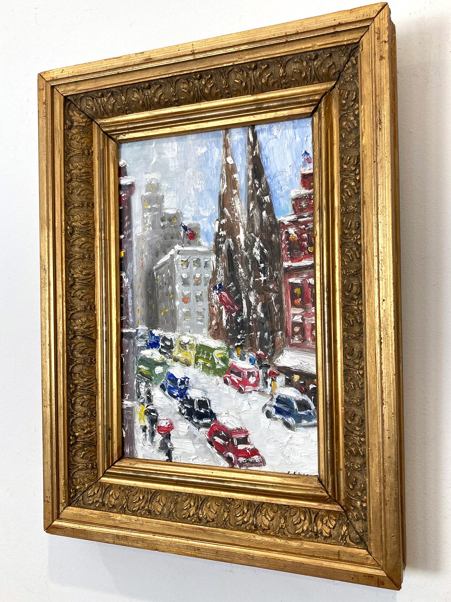 Impressionistisches Schnee-Ölgemälde im Stil von Guy Wiggins, 5th Avenue – Midtown im Angebot 7