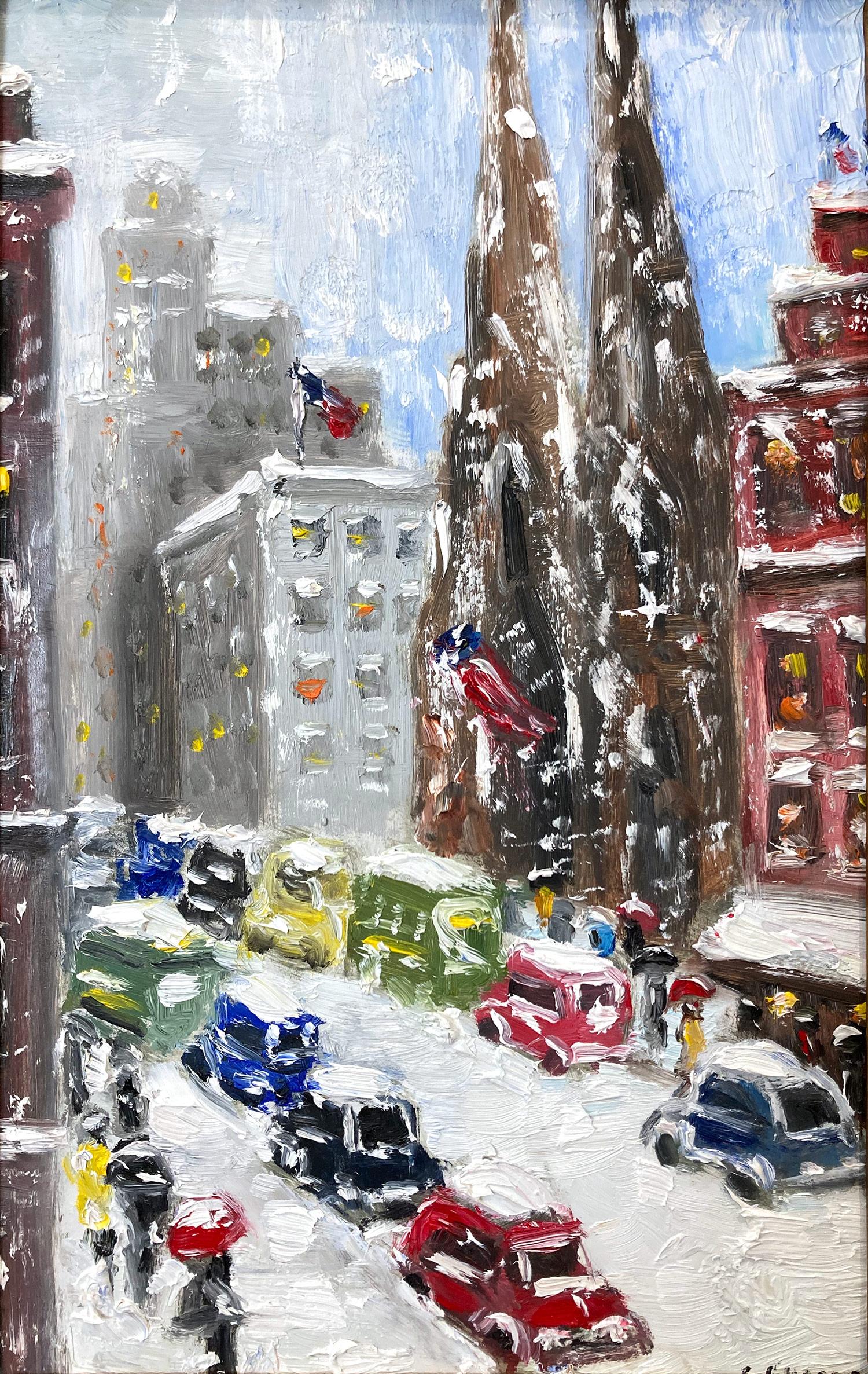 Peinture à l'huile impressionniste de neige « 5th Avenue - Midtown » dans le style de Guy Wiggins - Painting de Cindy Shaoul