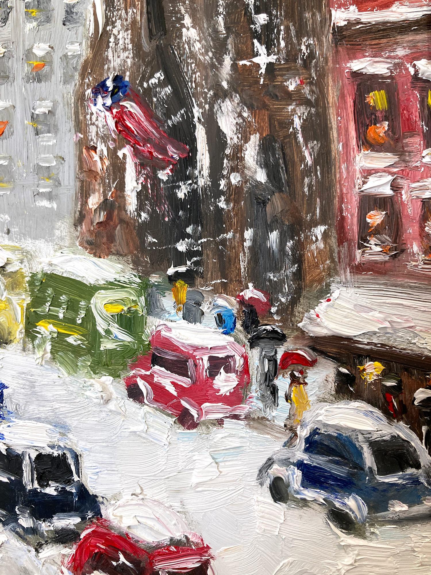 Peinture à l'huile impressionniste de neige « 5th Avenue - Midtown » dans le style de Guy Wiggins - Impressionnisme américain Painting par Cindy Shaoul