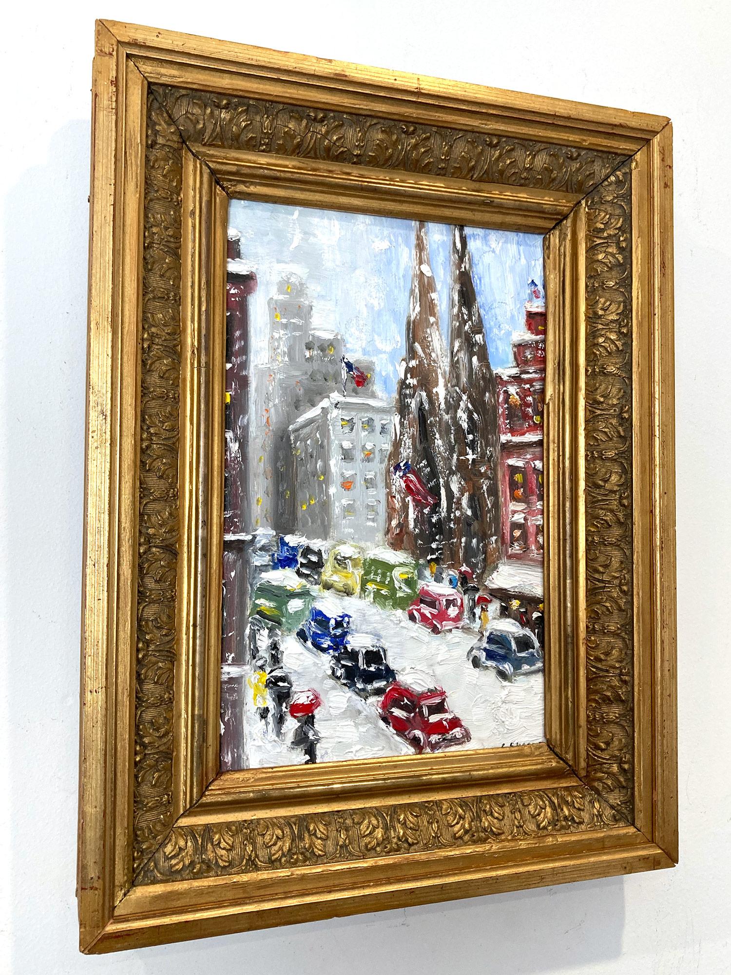 Impressionistisches Schnee-Ölgemälde im Stil von Guy Wiggins, 5th Avenue – Midtown im Angebot 5