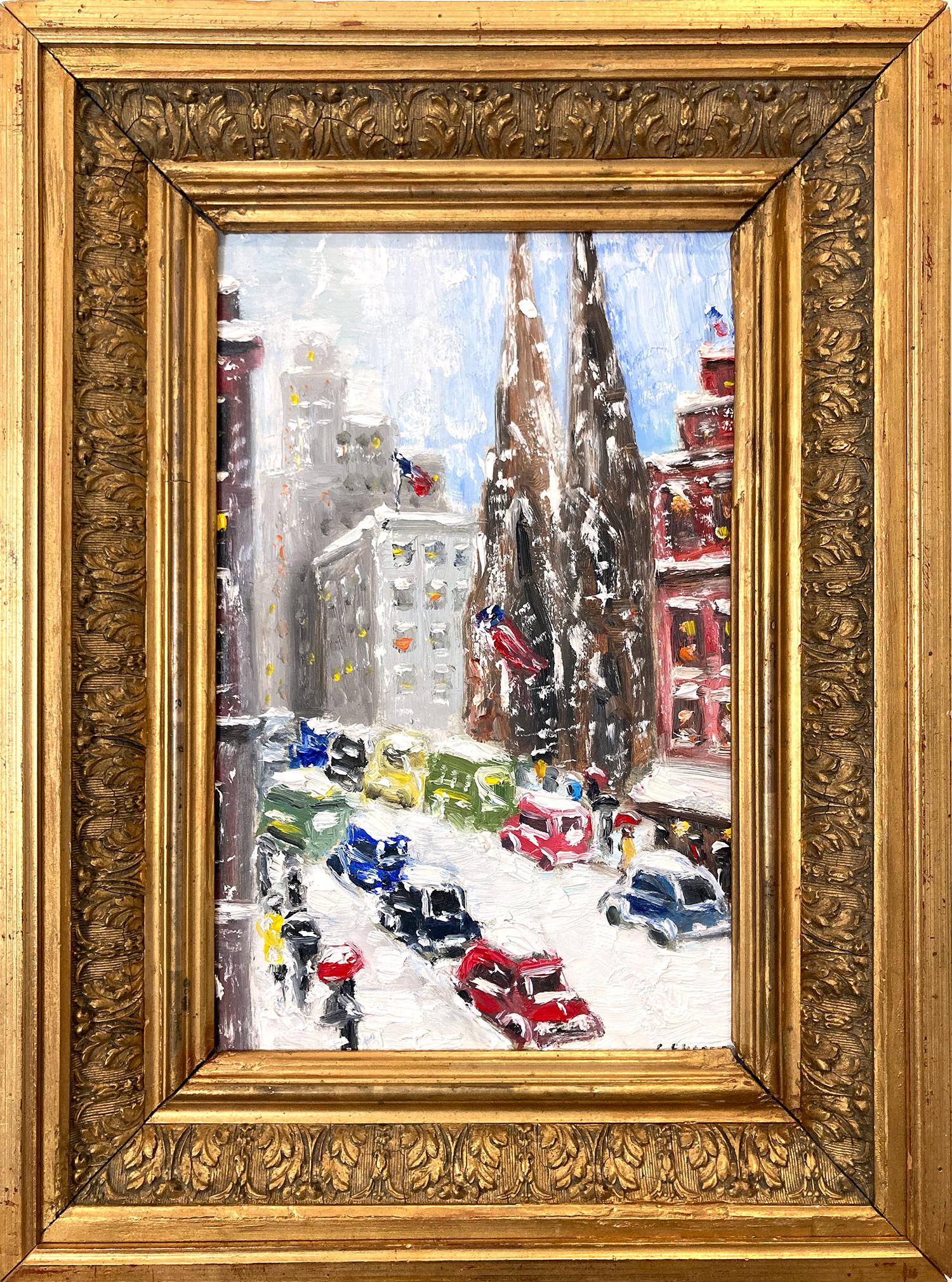 Unknown Figurative Painting - "5th Avenue - Midtown" Impressionist Snow Oil Painting in Style of Guy Wiggins