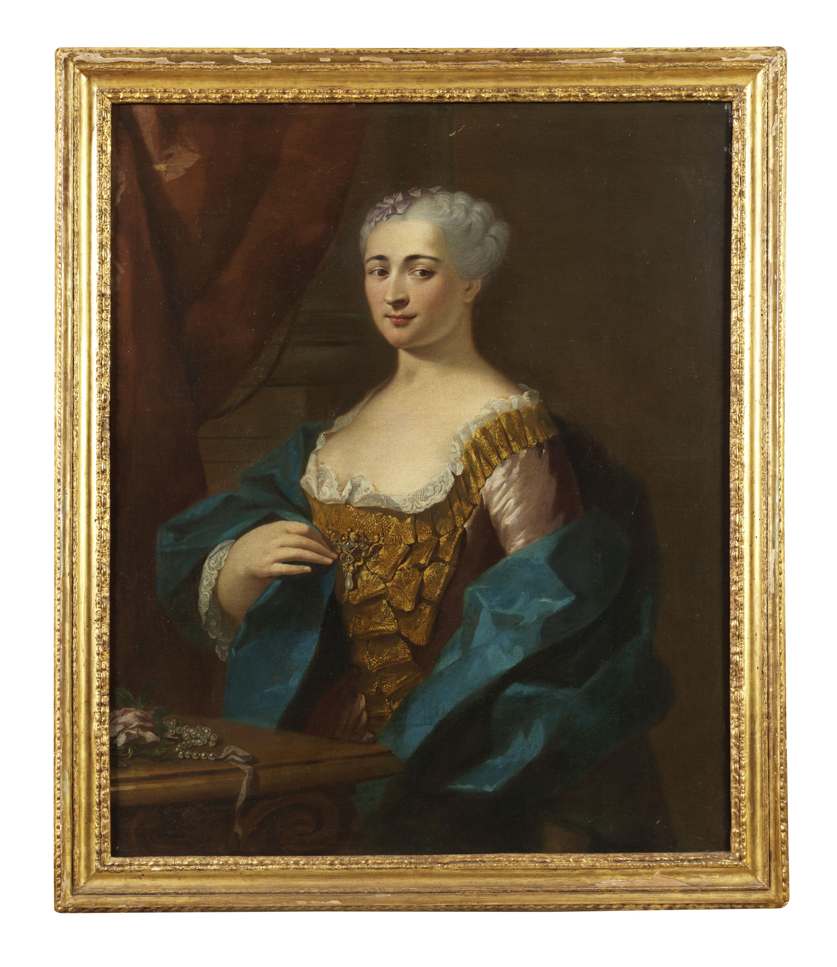 !8th Century Portrait of a Dame French School Woman Oil on Canvas Gold Blue - Painting by Unknown