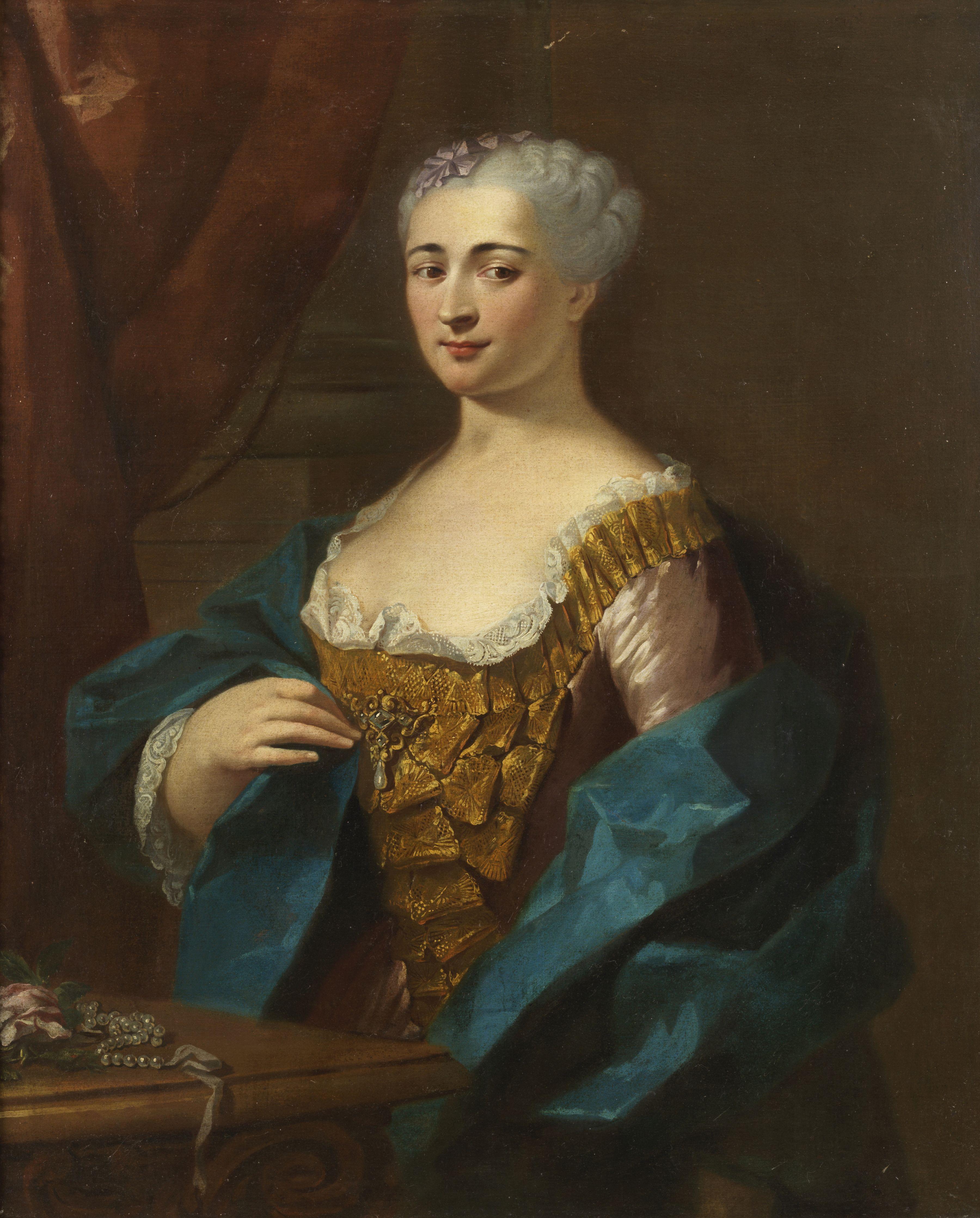 Gemälde Öl auf Leinwand, 92 x 75 cm ohne Rahmen und 102 x 87 cm mit Rahmen, das eine reiche Dame der französischen Schule der ersten Hälfte des 18. Jahrhunderts darstellt.

In seiner formalen Vereinfachung verkennt dieses schlichte Bild mit dem