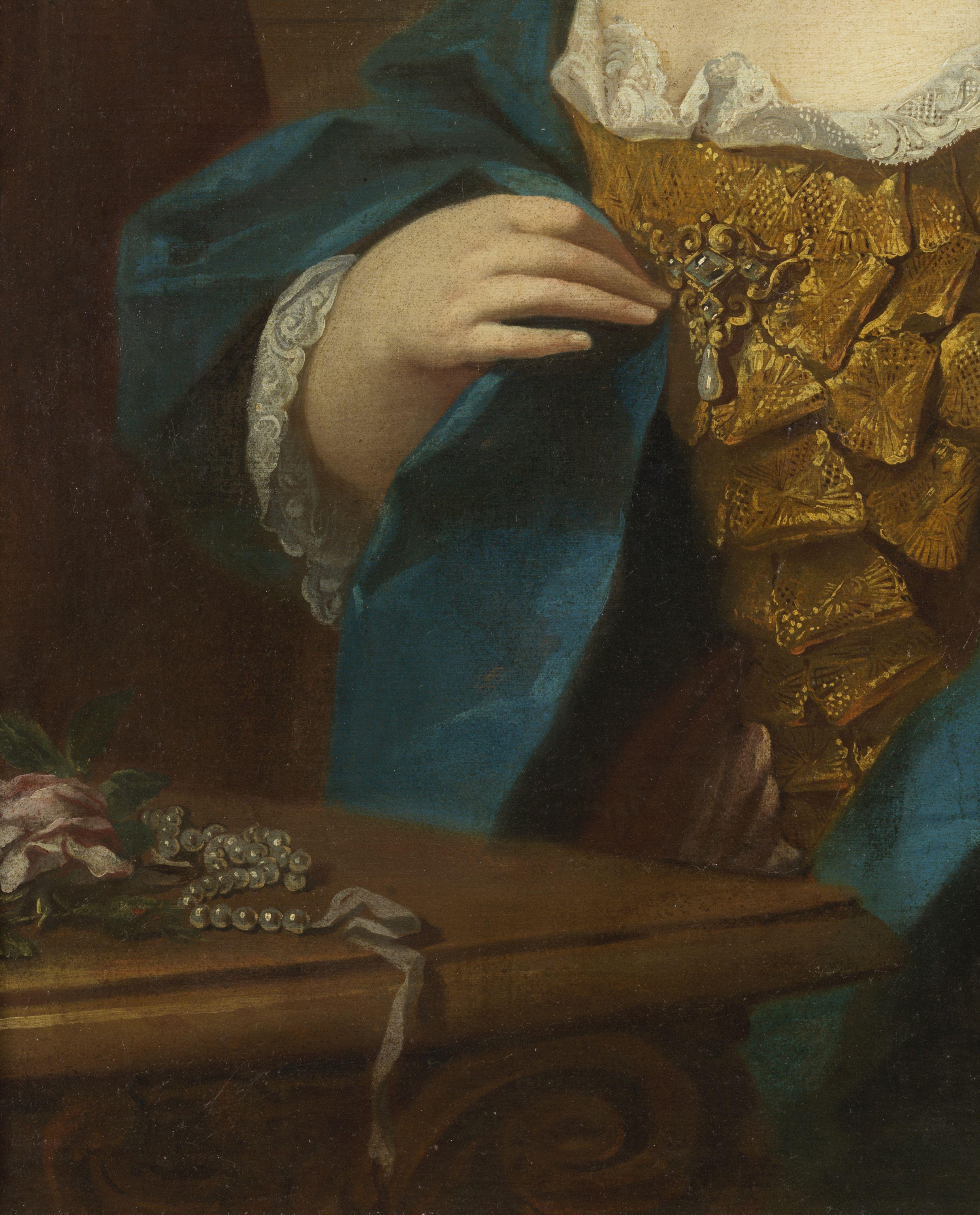 8. Jahrhundert Porträt einer Dame Französische Schule Frau Öl auf Leinwand Gold Blau im Angebot 2