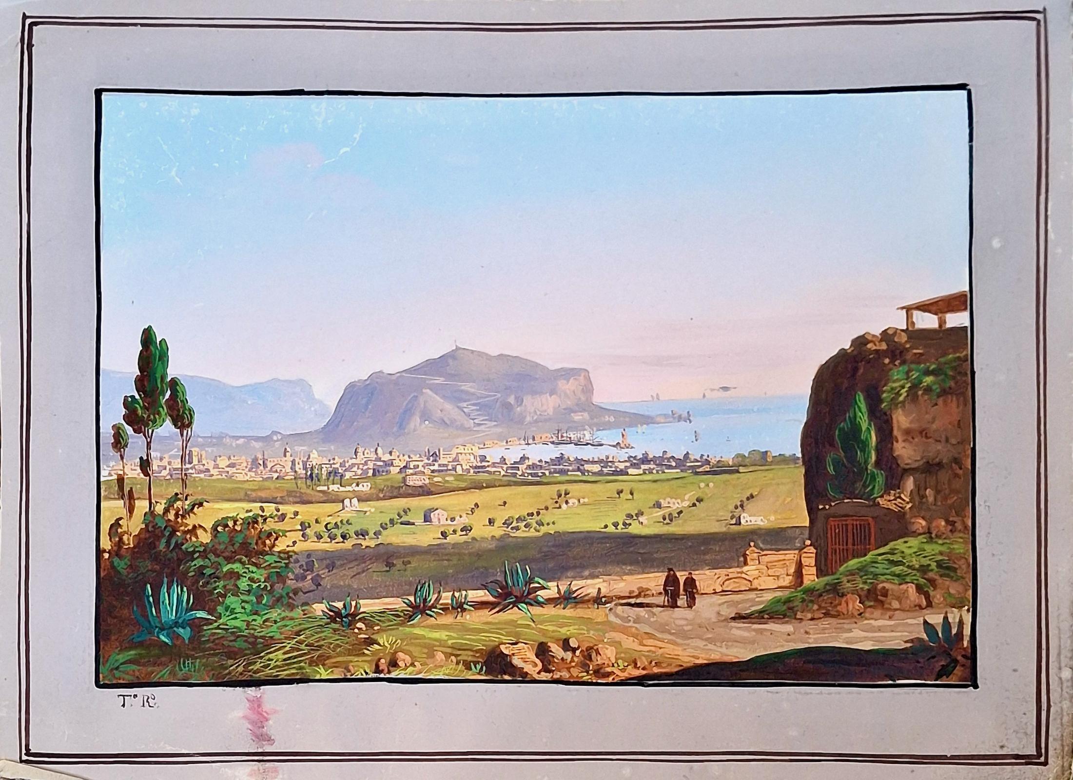 Unknown Landscape Painting - A 19th-Century Vista of Palermo and Monte Pellegrino
