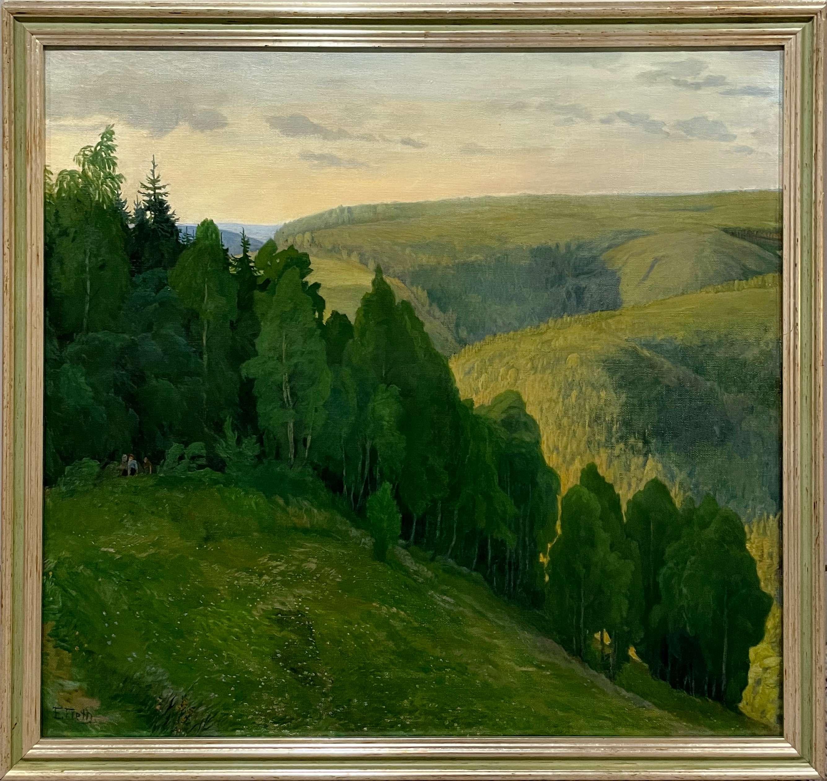 Schöne europäische Landschaft/Brunnenlandschaft des europäischen Künstlers E. Feith – Painting von Unknown