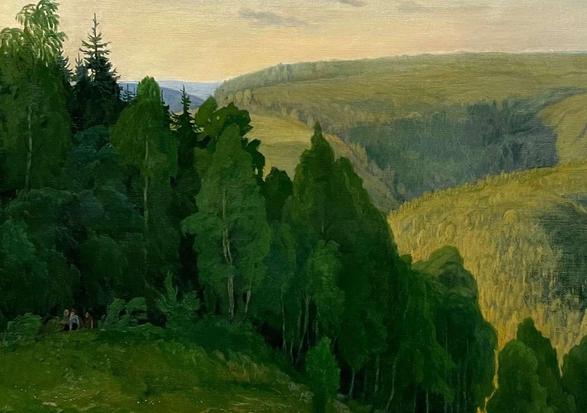 Un beau et grand paysage de montagne romantique de l'artiste européen E. Feith dans les tons verts.  Le tableau est encadré d'un cadre de couleur argent/champagne.
