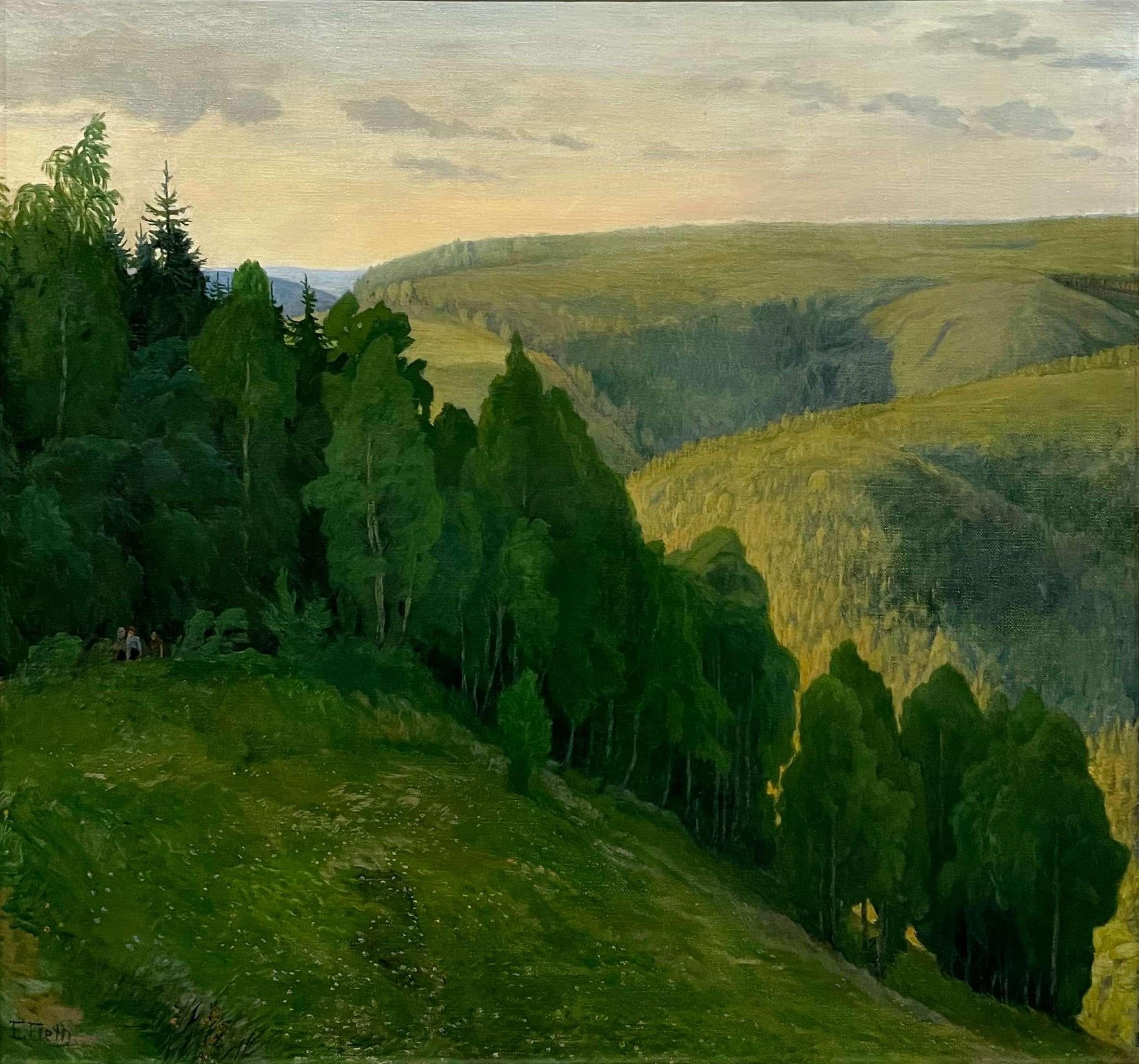 Unknown Landscape Painting – Schöne europäische Landschaft/Brunnenlandschaft des europäischen Künstlers E. Feith