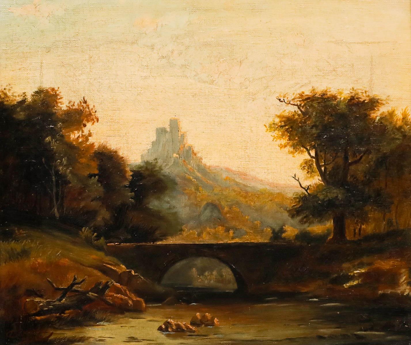 A. Beisker - Gerahmtes Öl von 1898, Brücke bei Sonnenuntergang – Painting von Unknown