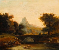 A. Beisker - Framed 1898 Oil, Bridge at Sunset