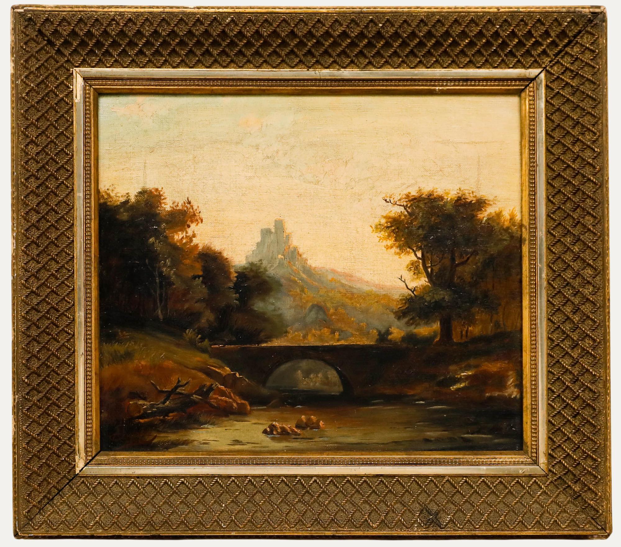 A. Beisker - Gerahmtes Öl von 1898, Brücke bei Sonnenuntergang