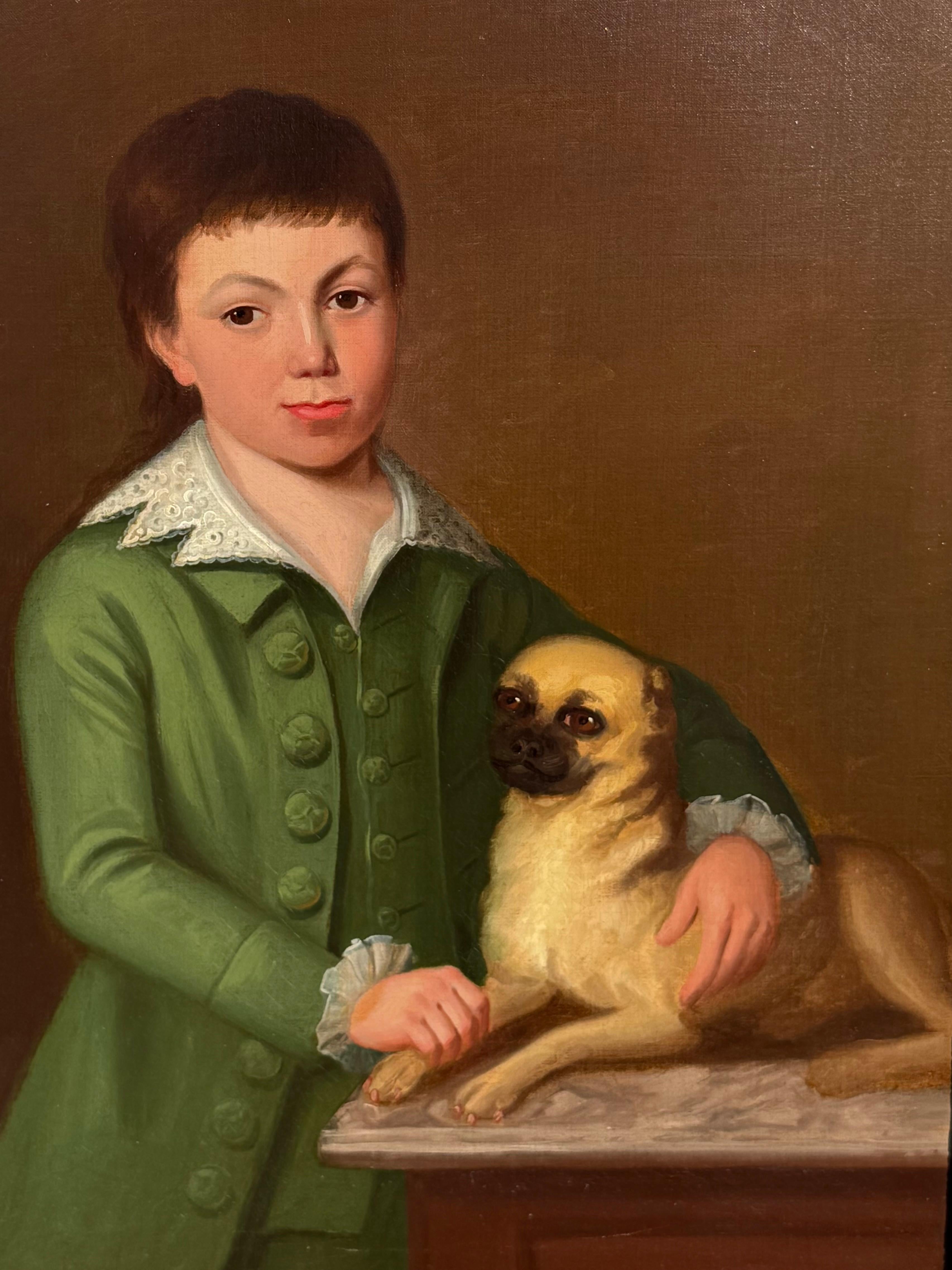 Un ragazzo e il suo cane carlino - Portrait Painting Nero di Unknown