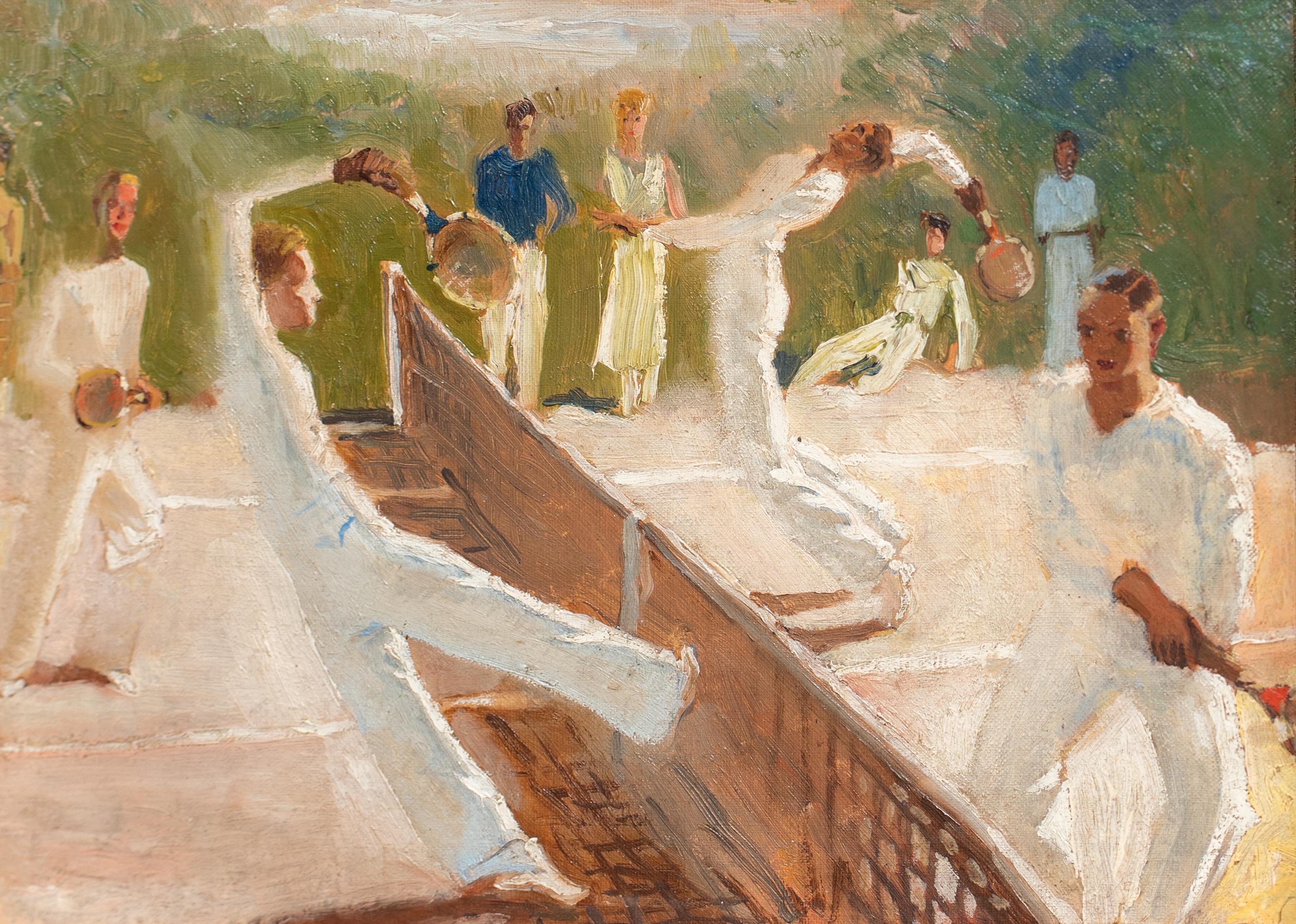 Doppio maschile, Tennis Club, 1930 circa  English School - Portrait Painting Marrone di Unknown