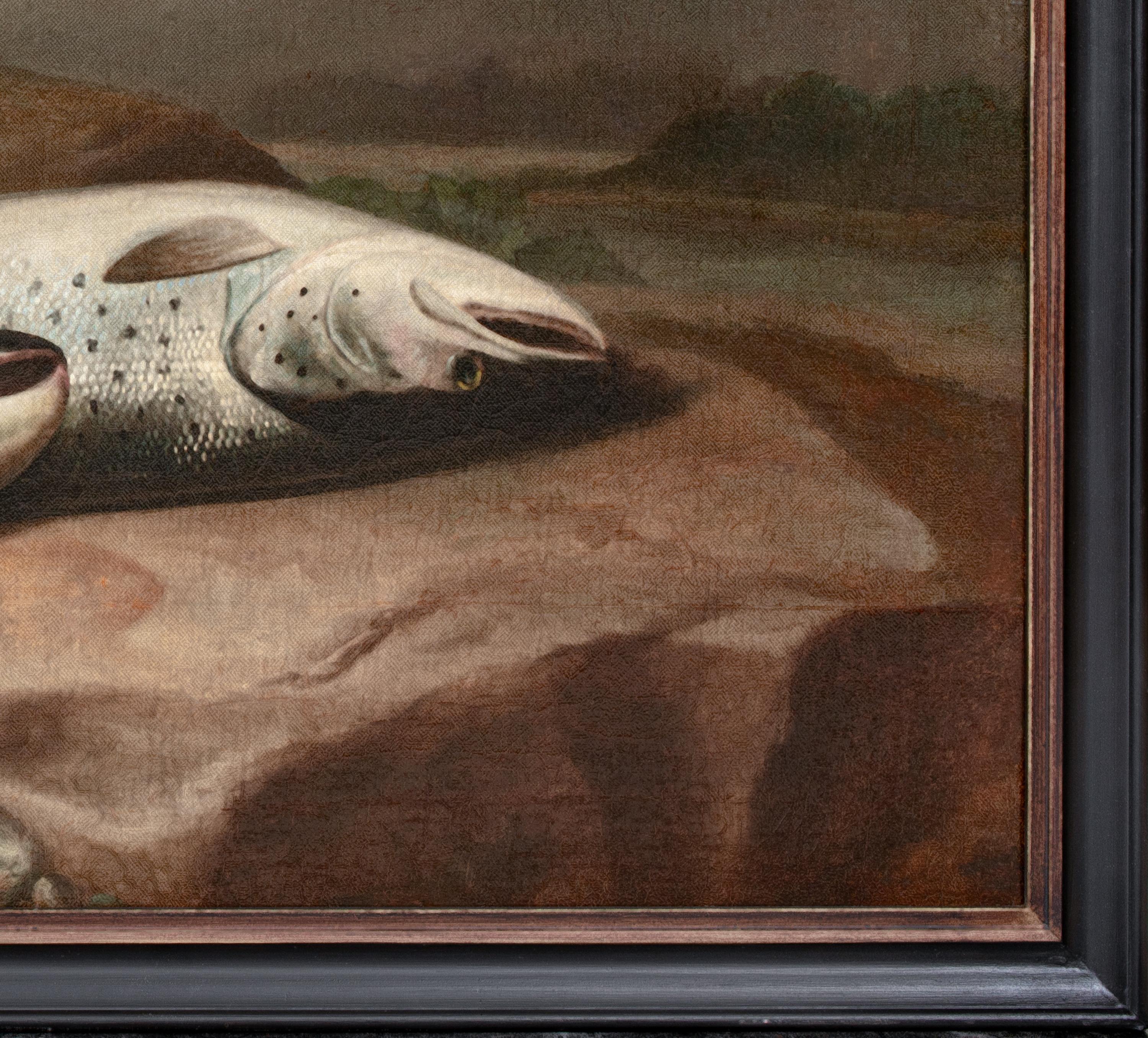 Une tresse de saumon au bord de la rivière Spey, Écosse, XIXe siècle

John Bucknell RUSSELL (1819-1893)

Grande nature morte écossaise du XIXe siècle représentant une paire de saumons au bord de la rivière Spey, huile sur toile attribuée à John