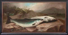 Antique A Brace Of Salmon By The Rover Spey, Scotland 19th Century John Bucknell RUSSELL