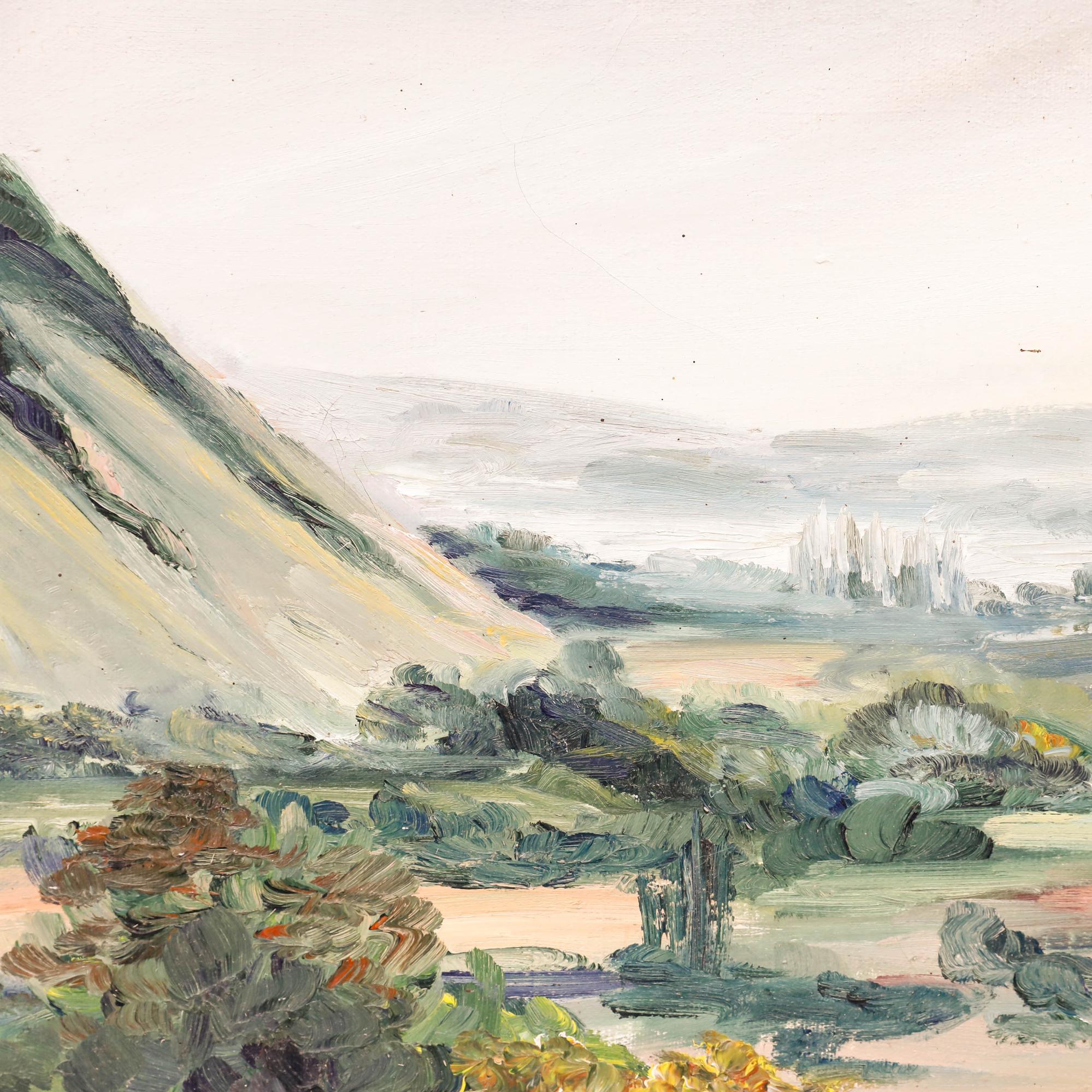 A delightful mid 20th century oil depicting a sweeping countryside landscape. With areas of impasto. Signed to the lower right. Well presented in a thin wooden frame. On canvas on stretchers.