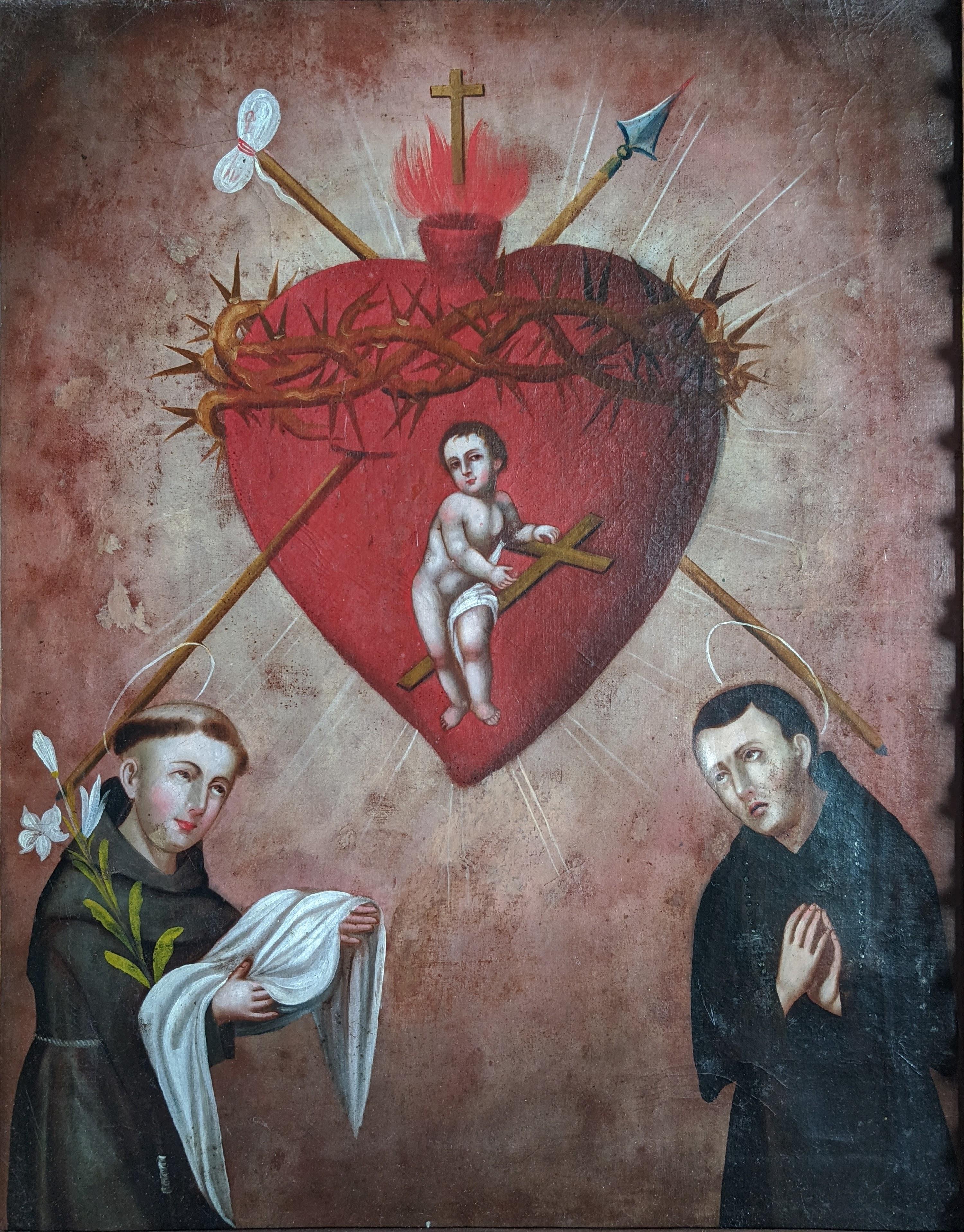 A colonial XVIII century Sacred Heart peruvian oil on canvas - Painting by Unknown