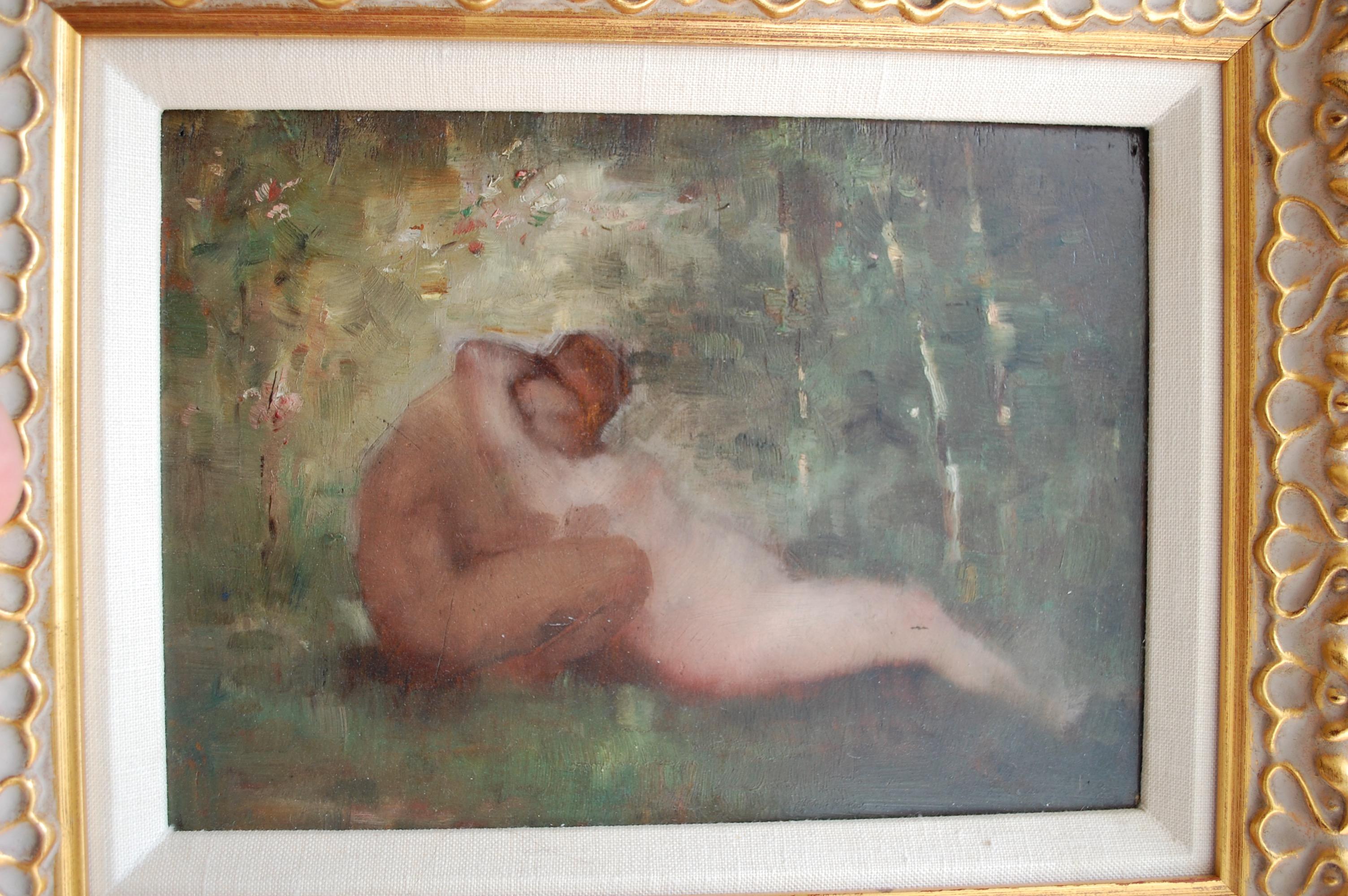 Una pareja abrazando figuras desnudas en el paisaje - Painting de Unknown