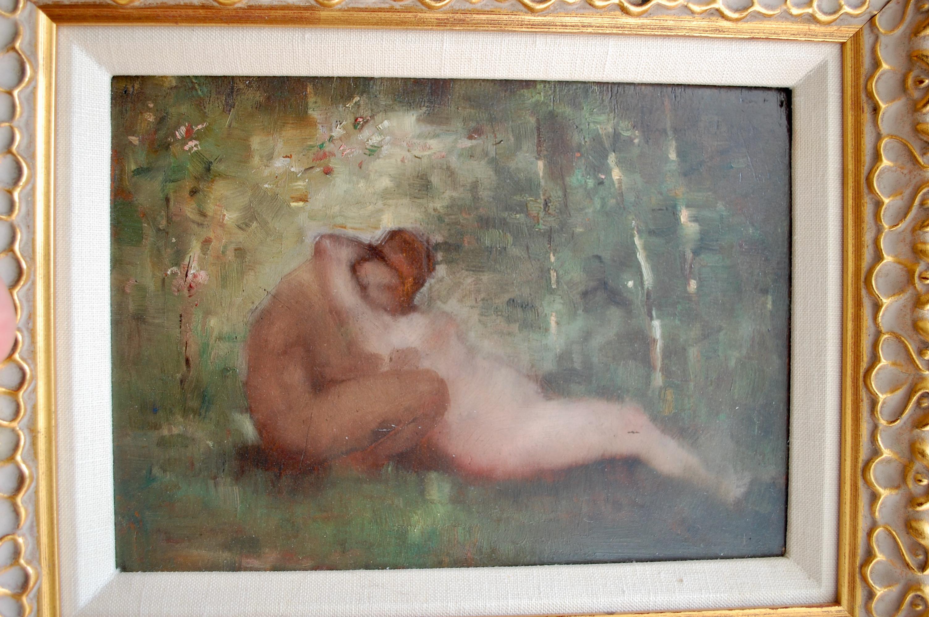 Una pareja abrazando figuras desnudas en el paisaje - Nude Painting Marrón de Unknown